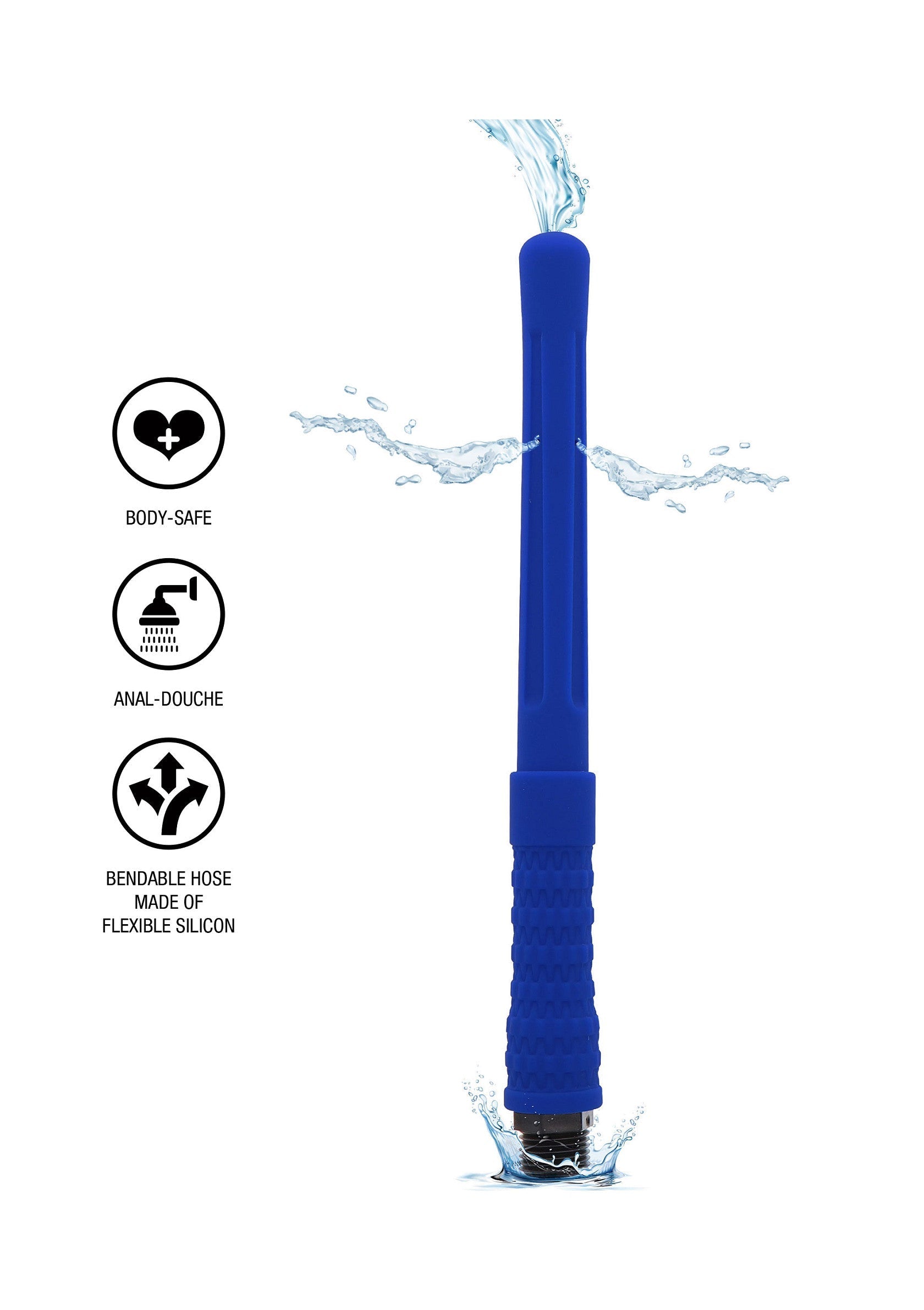 Douche anale bleu flexible, en silicone doux pour le corps. Nettoyage facile et hygiénique.; Flexibele blauwe anale douche, gemaakt van lichaamsveilige siliconen. Gemakkelijk en hygiënisch schoon te maken.; Flexible blue anal douche, made of body-safe silicone. Easy and hygienic cleaning.