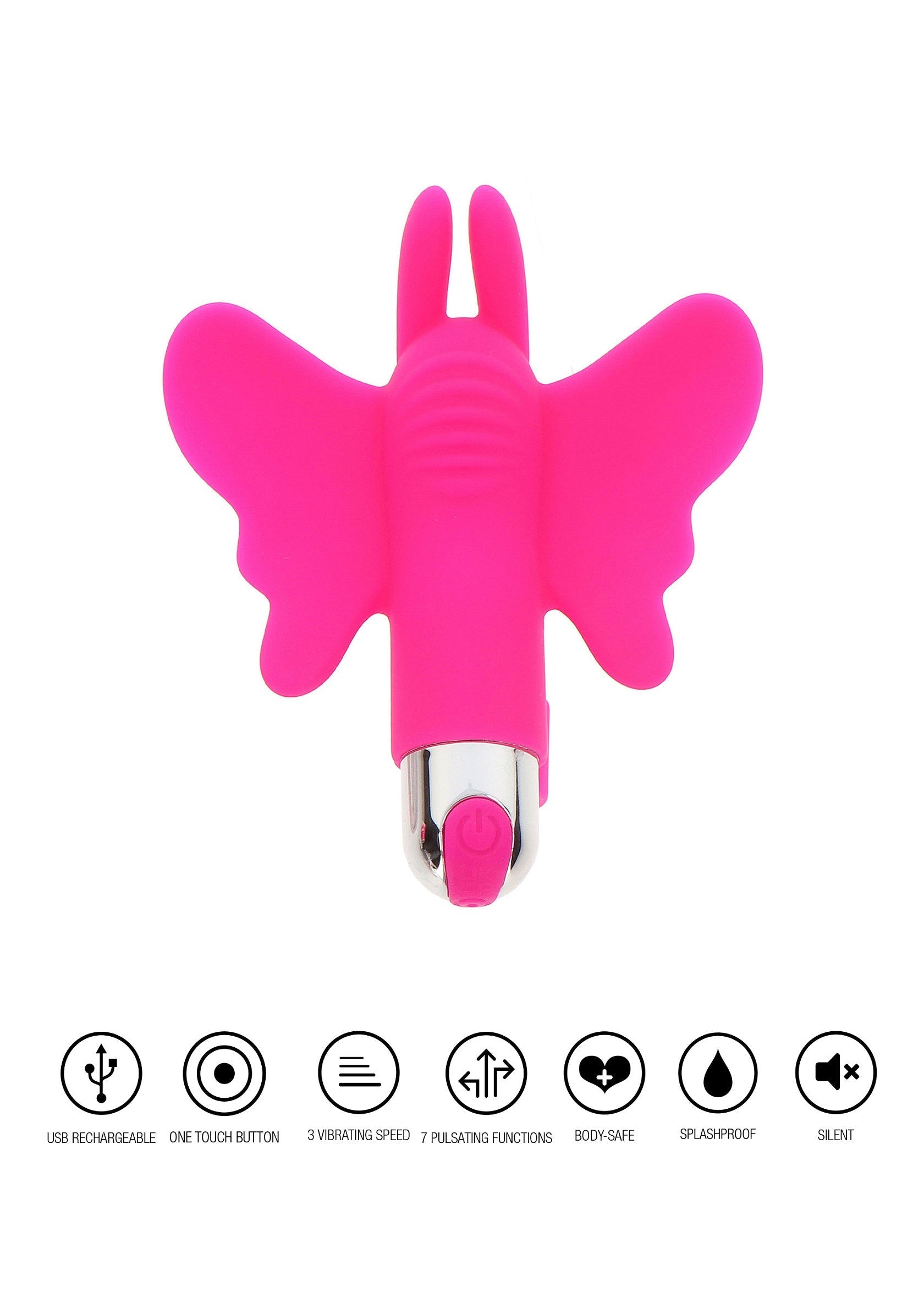 Vibromasseur papillon rose rechargeable par USB avec plusieurs modes de vibration pour le plaisir personnel.; Roze vlinder vibrator, USB oplaadbaar met meerdere vibratiestanden voor persoonlijk plezier.; Pink butterfly vibrator, USB rechargeable with multiple vibration settings for personal pleasure.