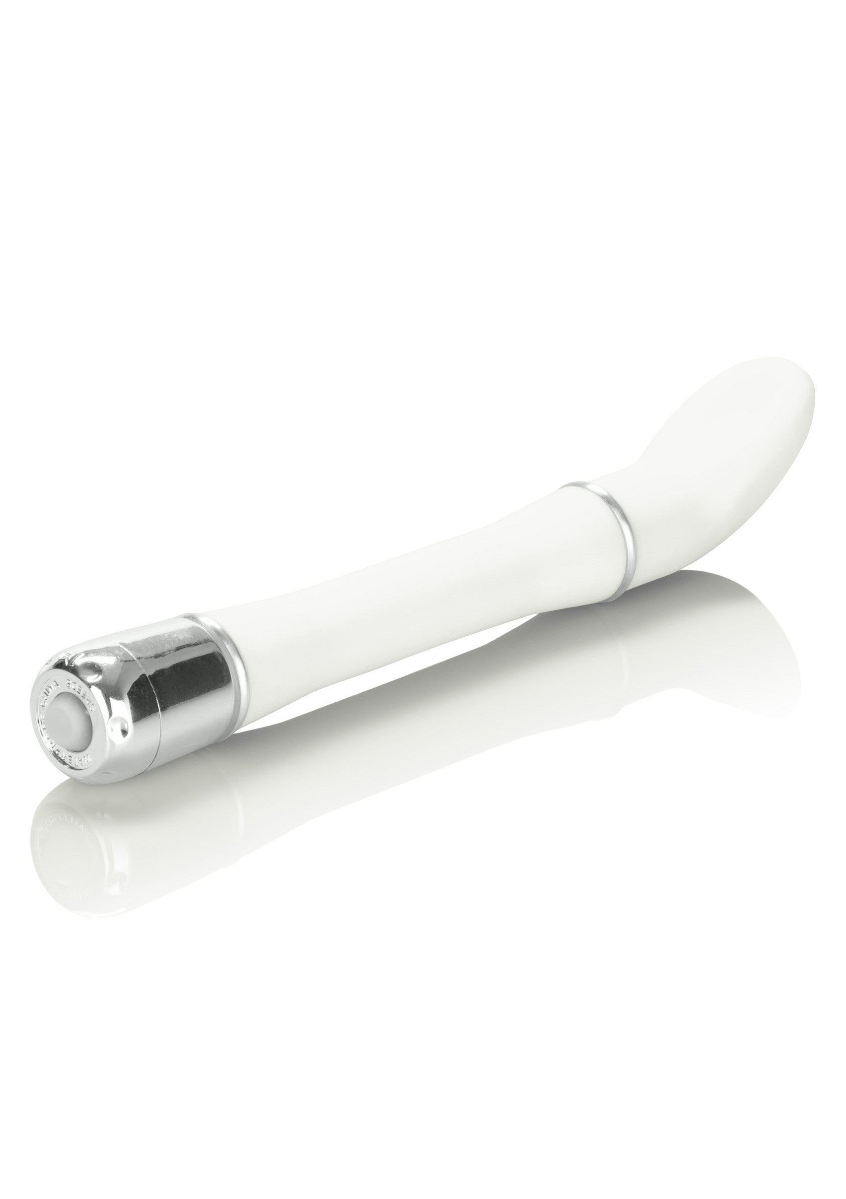 Vibromasseur incurvé blanc et argenté pour des moments intimes et plaisants.; Witte en zilveren gebogen vibrator voor intieme en plezierige momenten.; White and silver curved vibrator for intimate and pleasurable moments.
