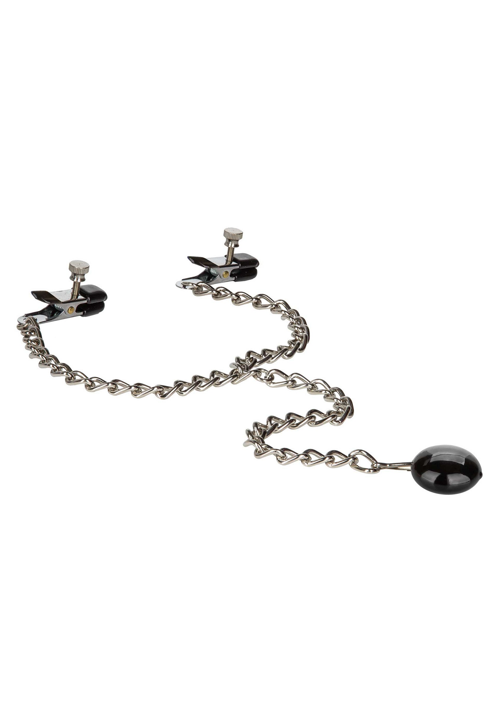 Pinces à tétons avec chaîne et pendentif noir, pour un plaisir intense et contrôlé.; Tepelklemmen met ketting en zwarte hanger voor intense, controleerbare stimulatie.; Nipple clamps with chain and black pendant, for intense, controllable stimulation.