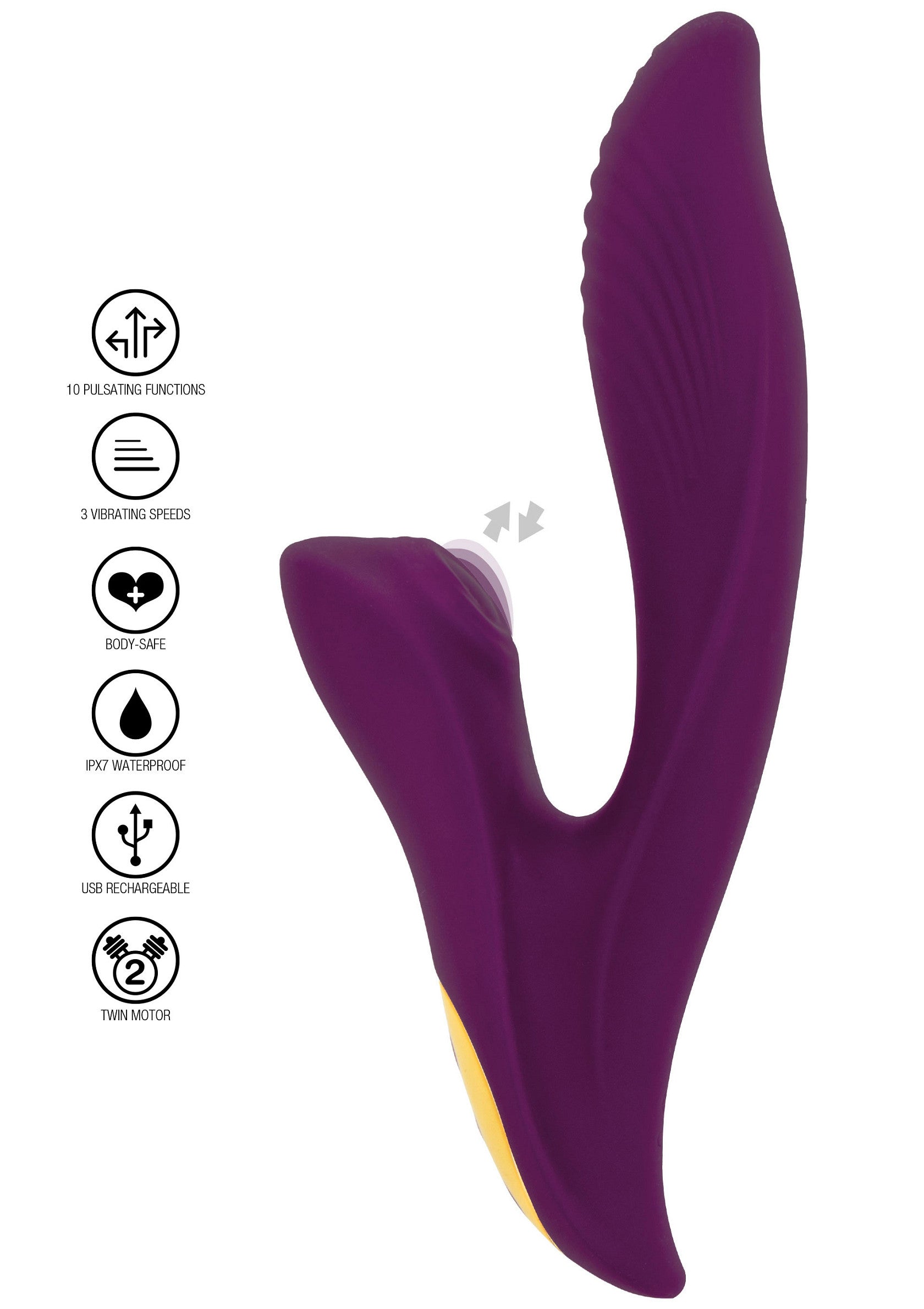 Vibromasseur violet rechargeable avec 10 fonctions de pulsations et 3 vitesses de vibration pour une stimulation intense.; Oplaadbare paarse vibrator met 10 pulsatiefuncties en 3 vibratiesnelheden voor intense stimulatie.; Rechargeable purple vibrator with 10 pulsating functions and 3 vibration speeds for intense stimulation.