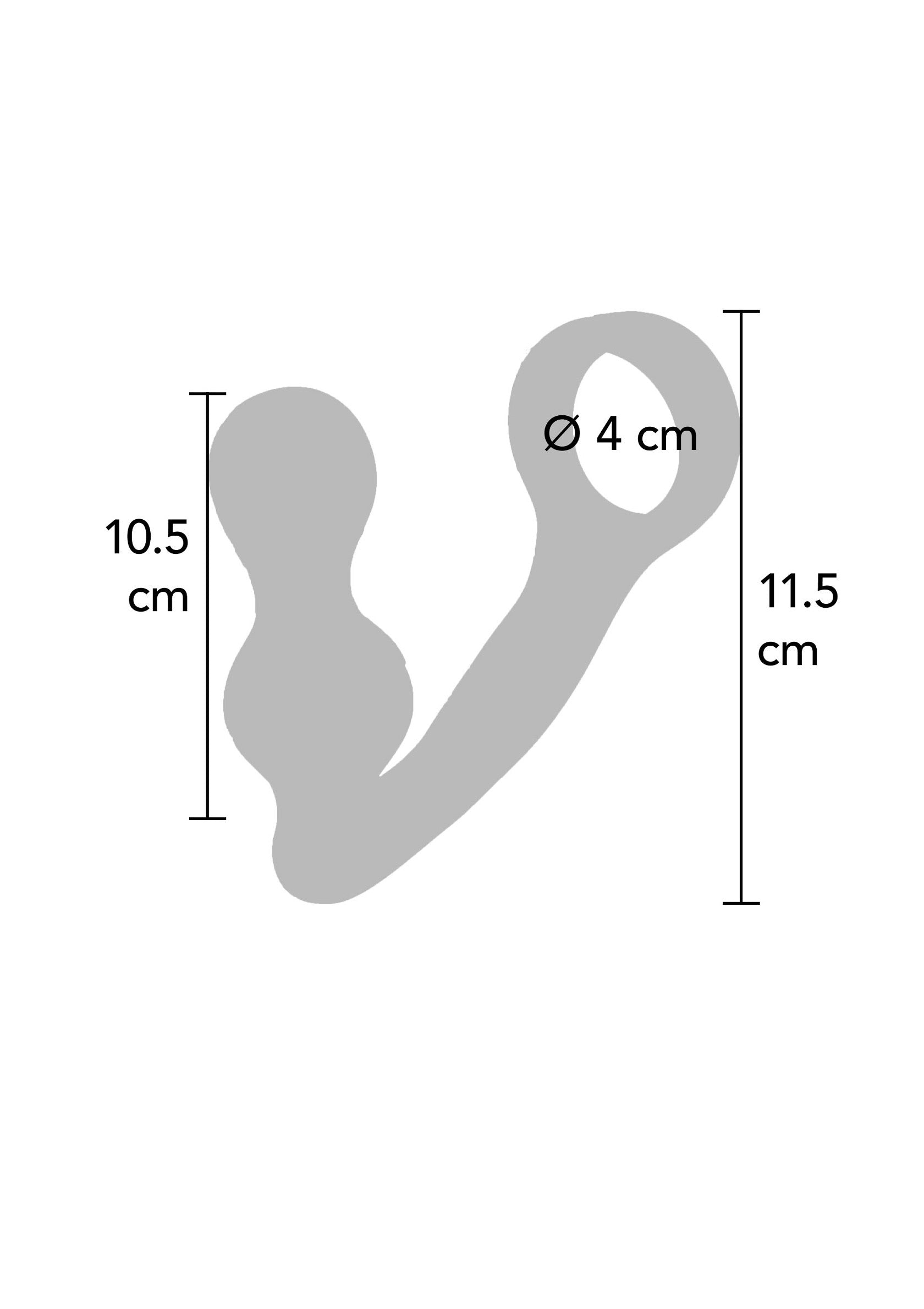 Diagramme des dimensions d'un sextoy anal à double stimulation avec un anneau de préhension.; Diagram van de afmetingen van een anale seksspeeltje met dubbele stimulatie en een handgreep.; Diagram of the dimensions of a double stimulation anal sex toy with a grip ring.