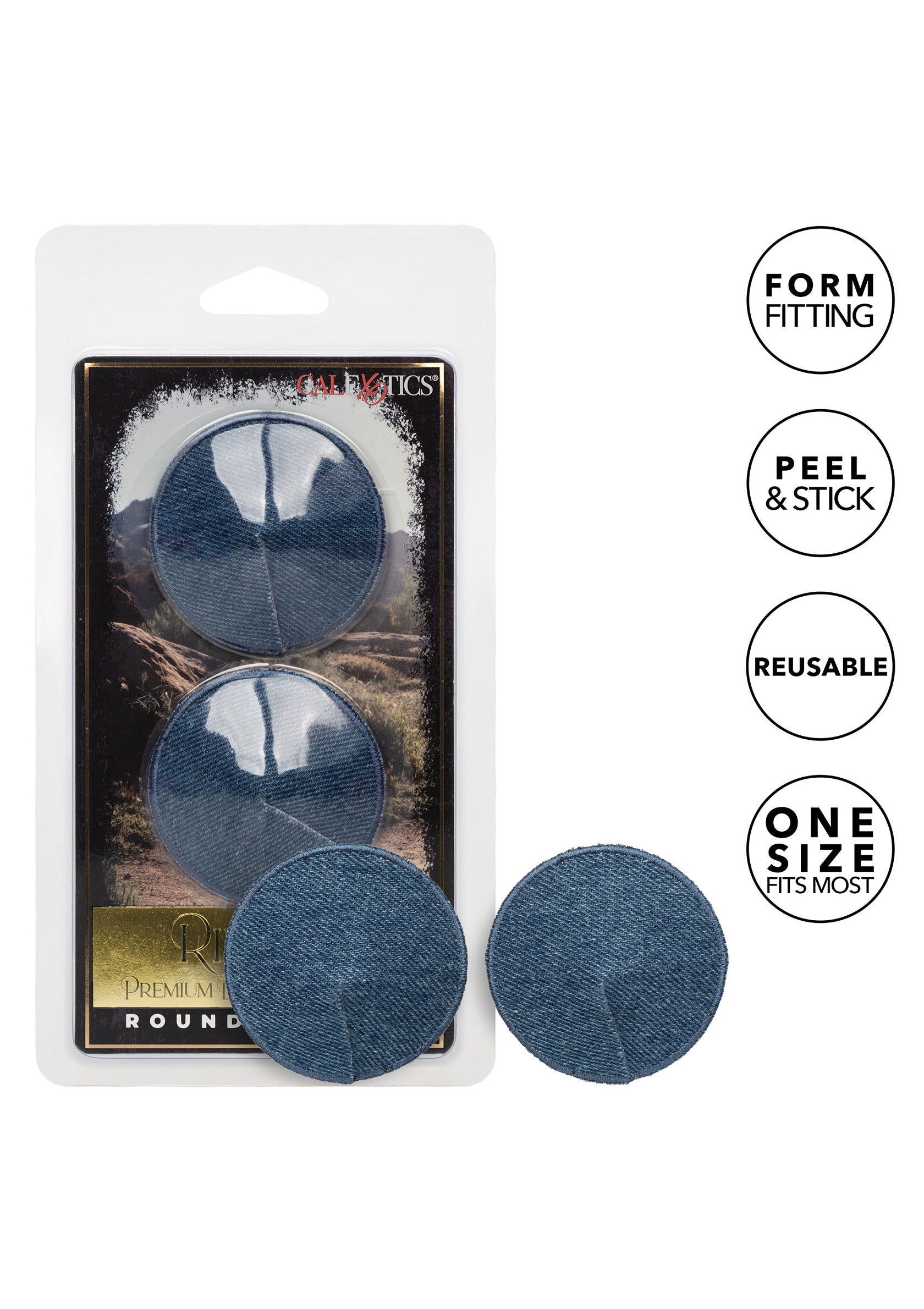 Cache-tétons ronds en jean, réutilisables, adhésifs et taille unique.; Ronde denim tepelbedekkers, herbruikbaar, zelfklevend en one size fits most.; Round denim nipple covers, reusable, self-adhesive and one size fits most.