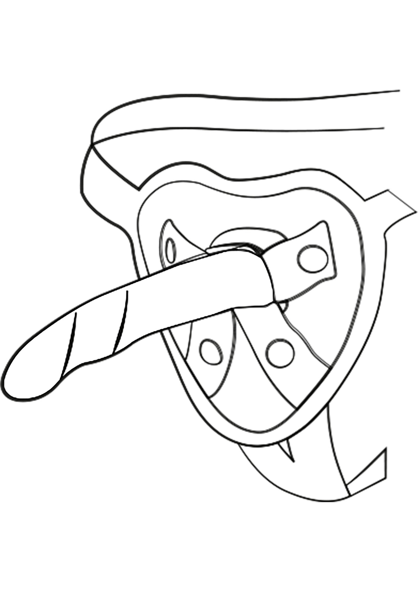Illustration de mors de bride en noir et blanc, idéal pour le coloriage ou des projets créatifs.; Illustratie van een trensbit in zwart-wit, ideaal voor kleurplaten of creatieve projecten.; Black and white illustration of a snaffle bit, ideal for coloring pages or creative projects.