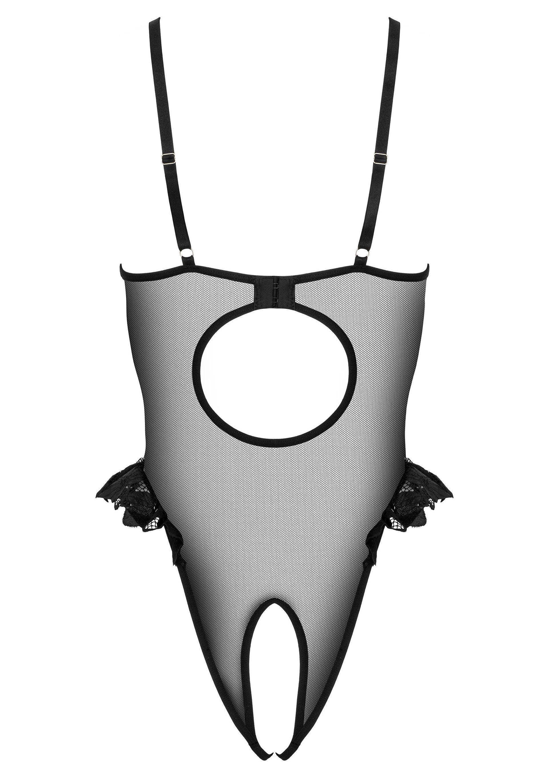 Body noir en tulle transparent avec détails en dentelle. Sexy et élégant. ; Zwarte body van transparant tule met kanten details. Sexy en elegant.; Black sheer tulle bodysuit with lace details. Sexy and elegant lingerie.