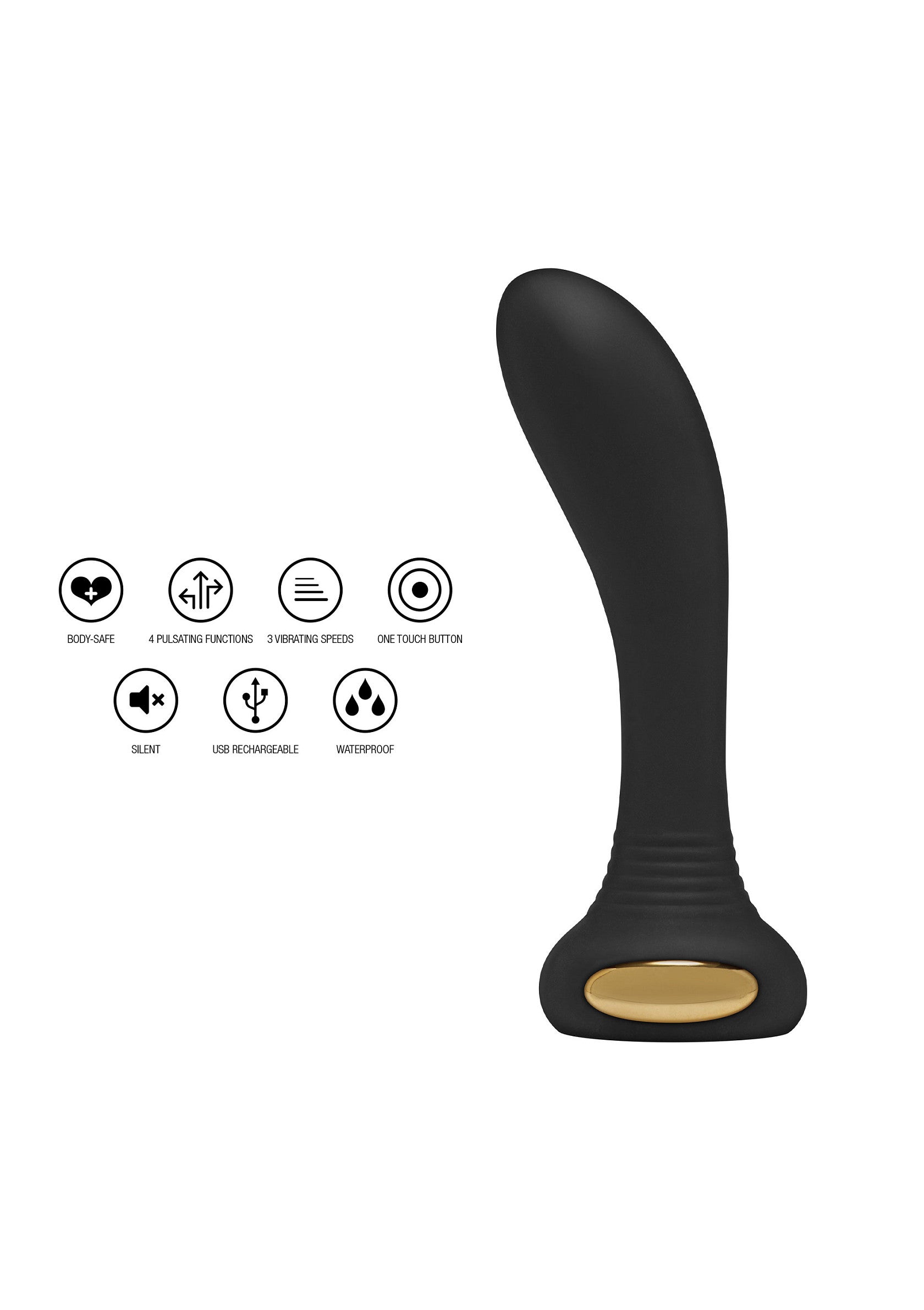 Vibromasseur noir élégant avec différentes fonctions, étanche et rechargeable par USB.; Elegante zwarte vibrator met verschillende functies, waterdicht en USB oplaadbaar.; Sleek black vibrator with various functions, waterproof and USB rechargeable.