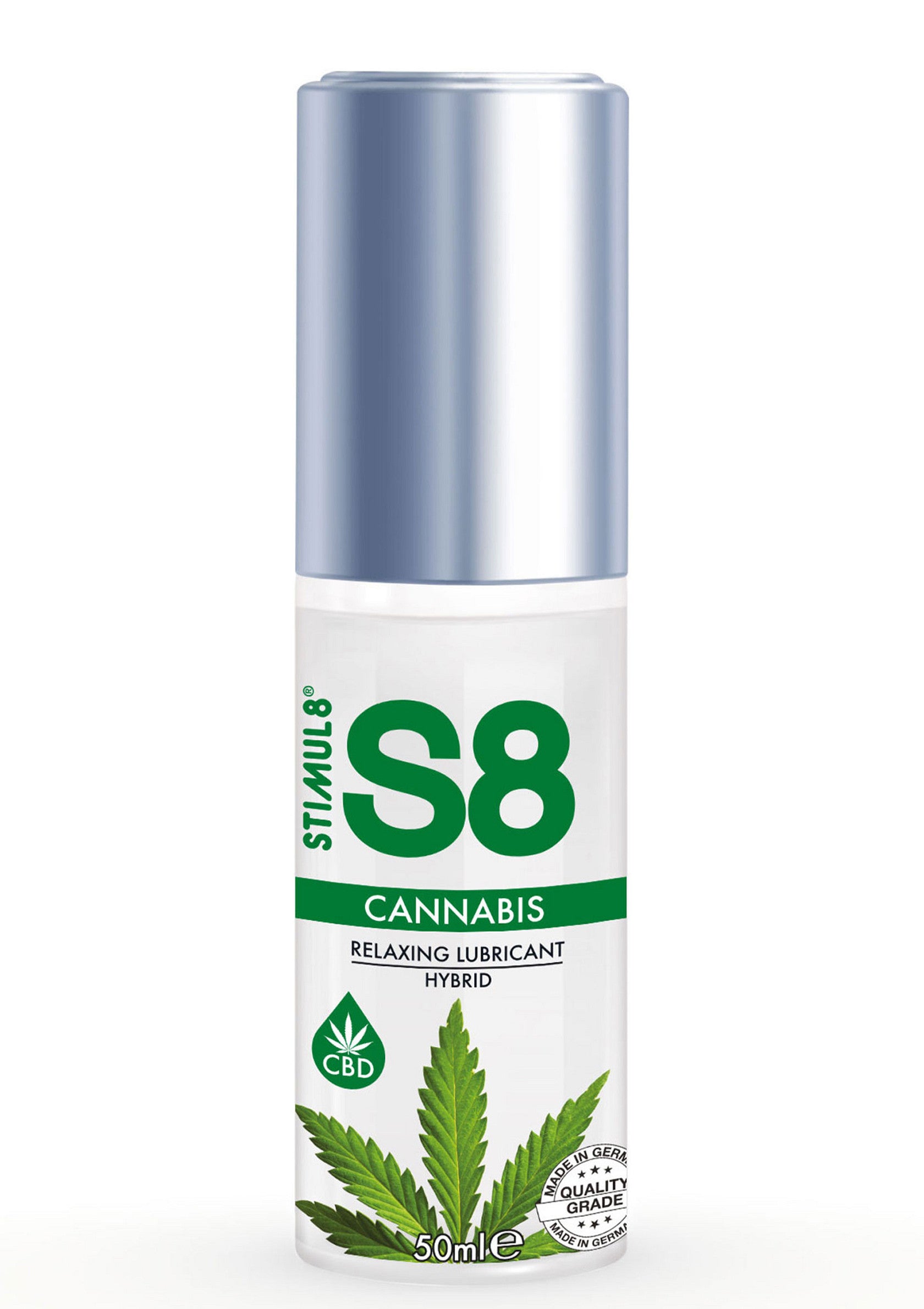 Lubrifiant relaxant hybride S8 Cannabis CBD pour une expérience sensorielle intense et naturelle. ; S8 Cannabis CBD hybride ontspannend glijmiddel voor een intense en natuurlijke zintuiglijke ervaring.; S8 Cannabis CBD hybrid relaxing lubricant for an intense and natural sensory experience.