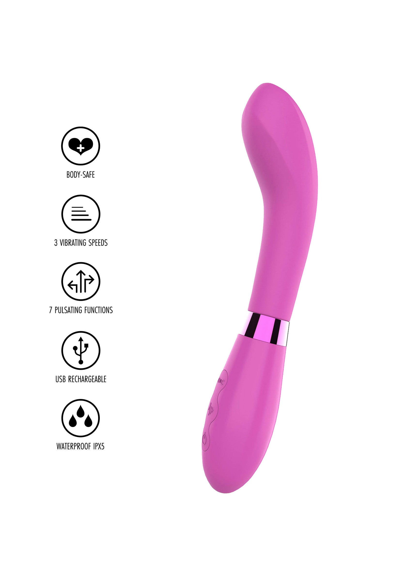 Vibrateur incurvé rose, sûr pour le corps, 3 vitesses, 7 fonctions, USB rechargeable, étanche IPX5. Pour une expérience intense et personnalisée.; Roze gebogen vibrator, lichaamsveilig, 3 snelheden, 7 functies, USB oplaadbaar, IPX5 waterdicht. Voor een intense en persoonlijke ervaring.; Pink curved vibrator, body-safe, 3 speeds, 7 functions, USB rechargeable, IPX5 waterproof. For an intense & personalized experience.