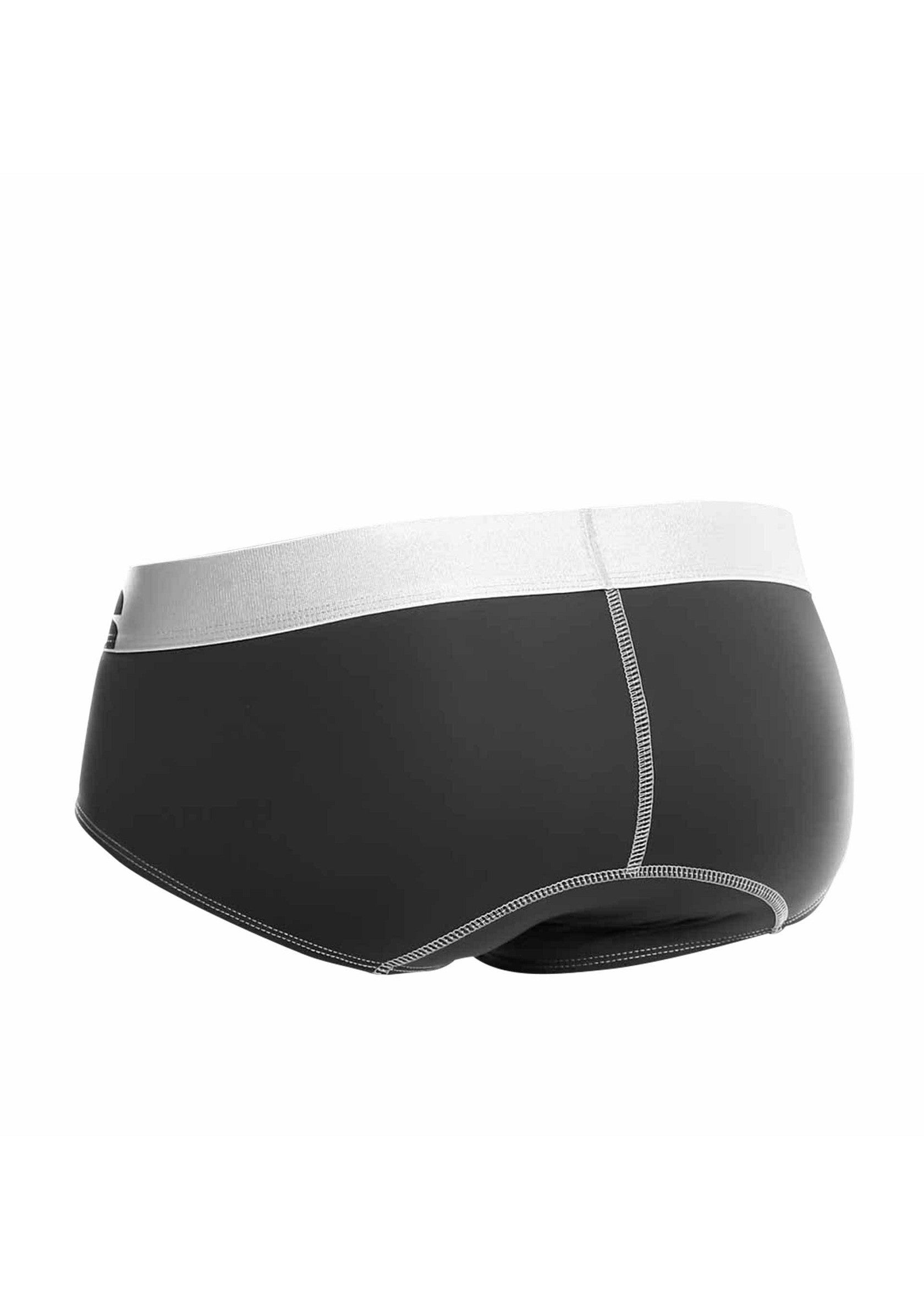 Slip de bain noir et blanc pour hommes. Confort et style garantis pour la plage et la piscine.; Zwart-witte zwemslip voor heren. Comfort en stijl gegarandeerd voor strand en zwembad.; Men's black and white swim briefs. Comfort and style guaranteed for the beach and pool.