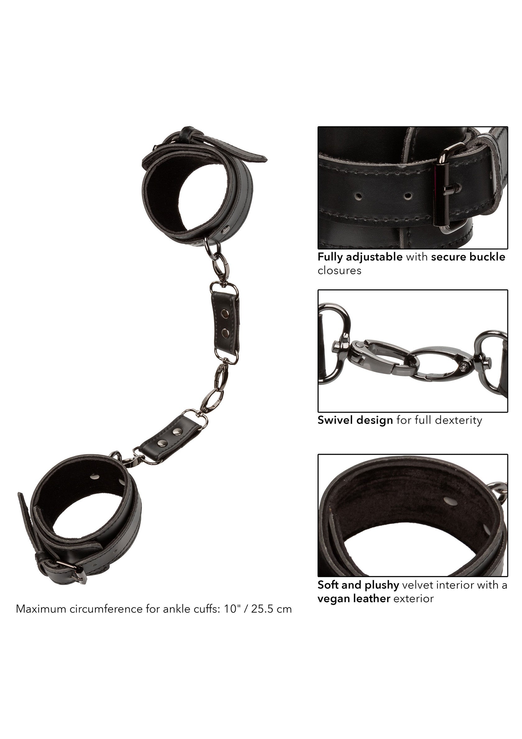 Menottes de cheville en cuir végétal, ajustables et doublées de velours pour un confort optimal. Fixation sécurisée par boucle.; Vegan lederen enkelboeien, verstelbaar & met zachte fluwelen voering. Veilige gespsluiting en draaibaar ontwerp voor volledige bewegingsvrijheid.; Vegan leather ankle cuffs, adjustable & plush velvet lined. Secure buckle closure and swivel design for full dexterity.