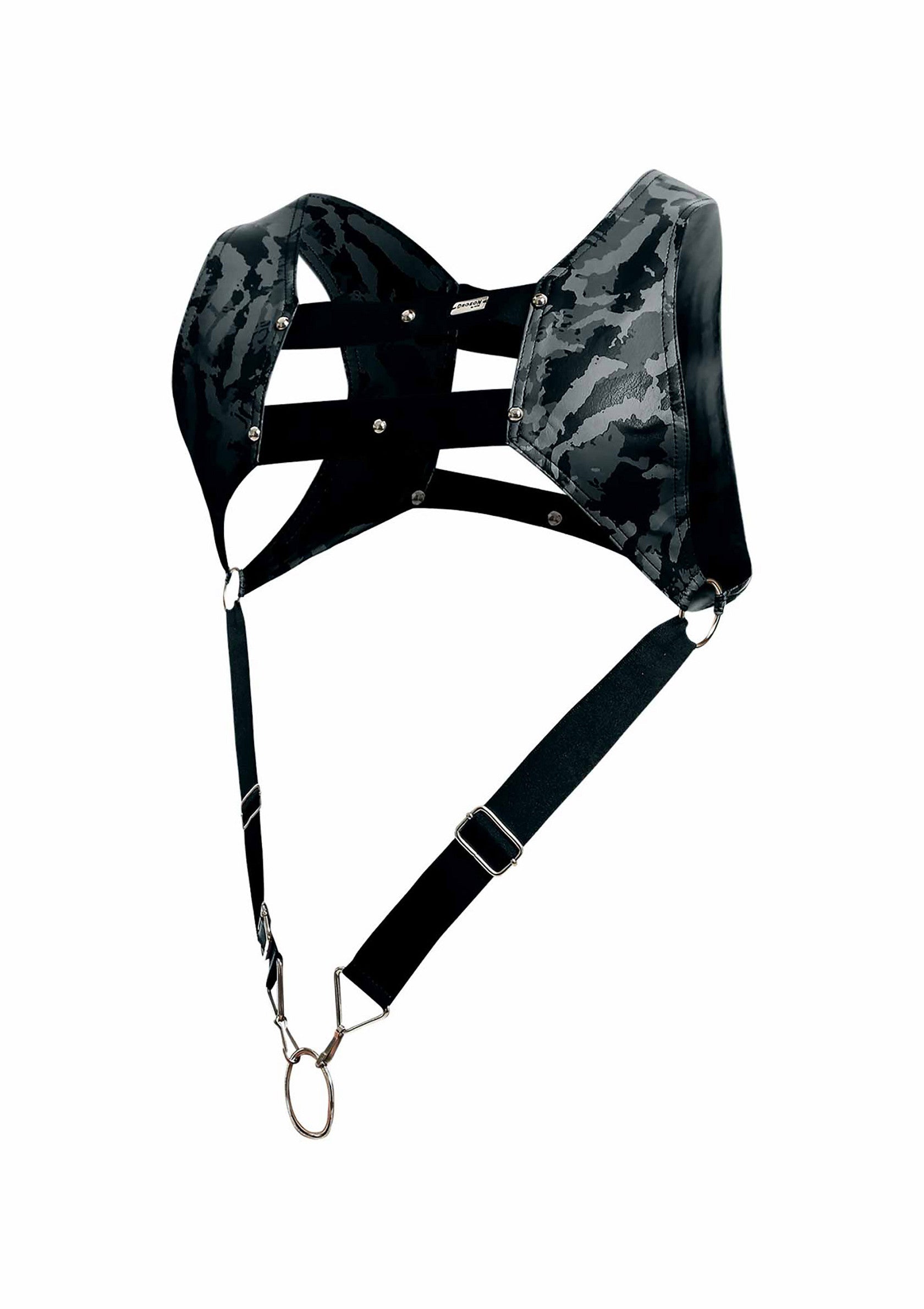 Harnais de corps noir et gris camouflage, accessoire de mode audacieux et ajustable.; Zwart-grijs camouflage body harnas, gedurfd en verstelbaar modeaccessoire.; Black and grey camo body harness, edgy and adjustable fashion accessory.