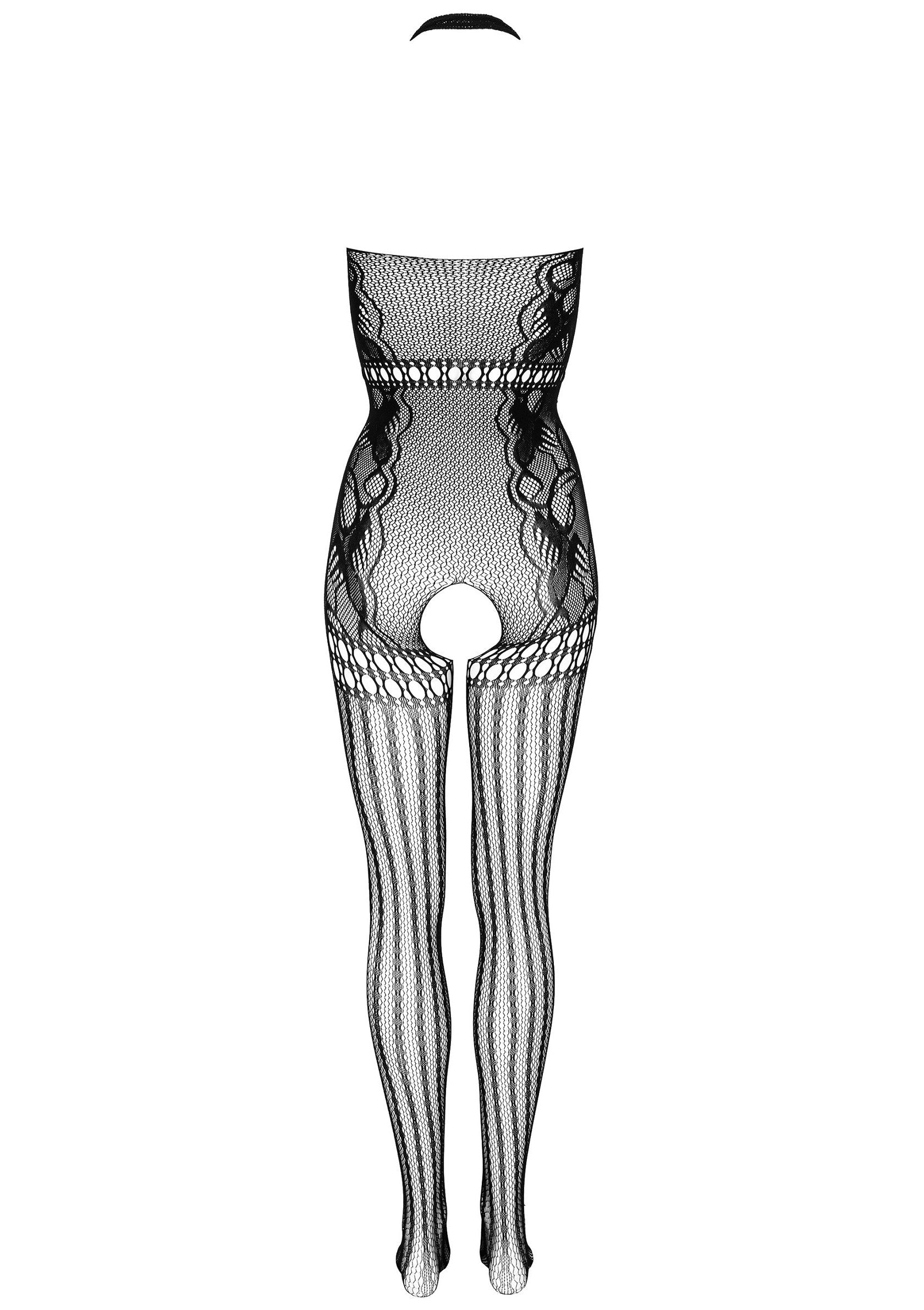 Nuisette noire en résille avec détails en dentelle et un dos ouvert.; Zwarte visnet babydoll met kanten details en open kruis.; Black fishnet babydoll with lace details and open crotch.