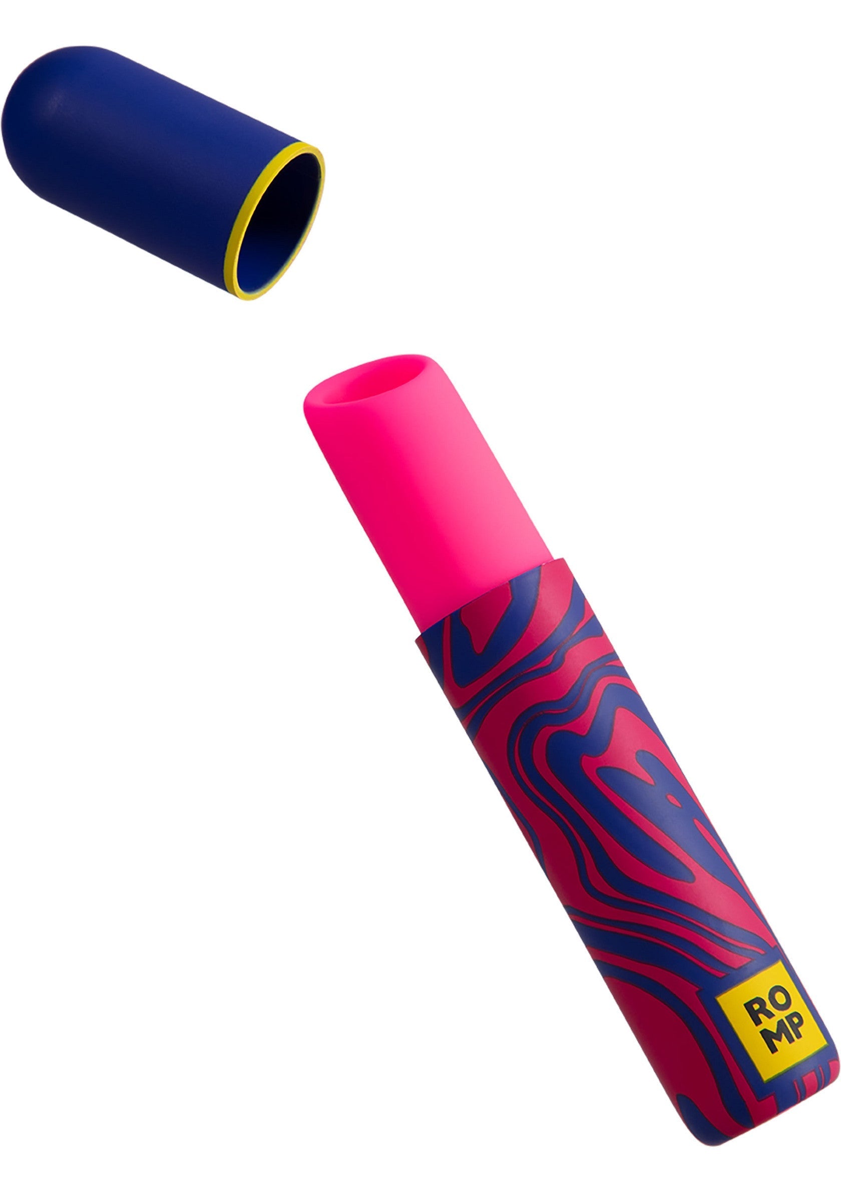 Vibromasseur Romp Wave rose et bleu avec capuchon, pour des sensations uniques et un plaisir intense.; Roze en blauwe Romp Wave vibrator met dop, voor unieke sensaties en intens genot.; Pink and blue Romp Wave vibrator with cap, for unique sensations and intense pleasure.