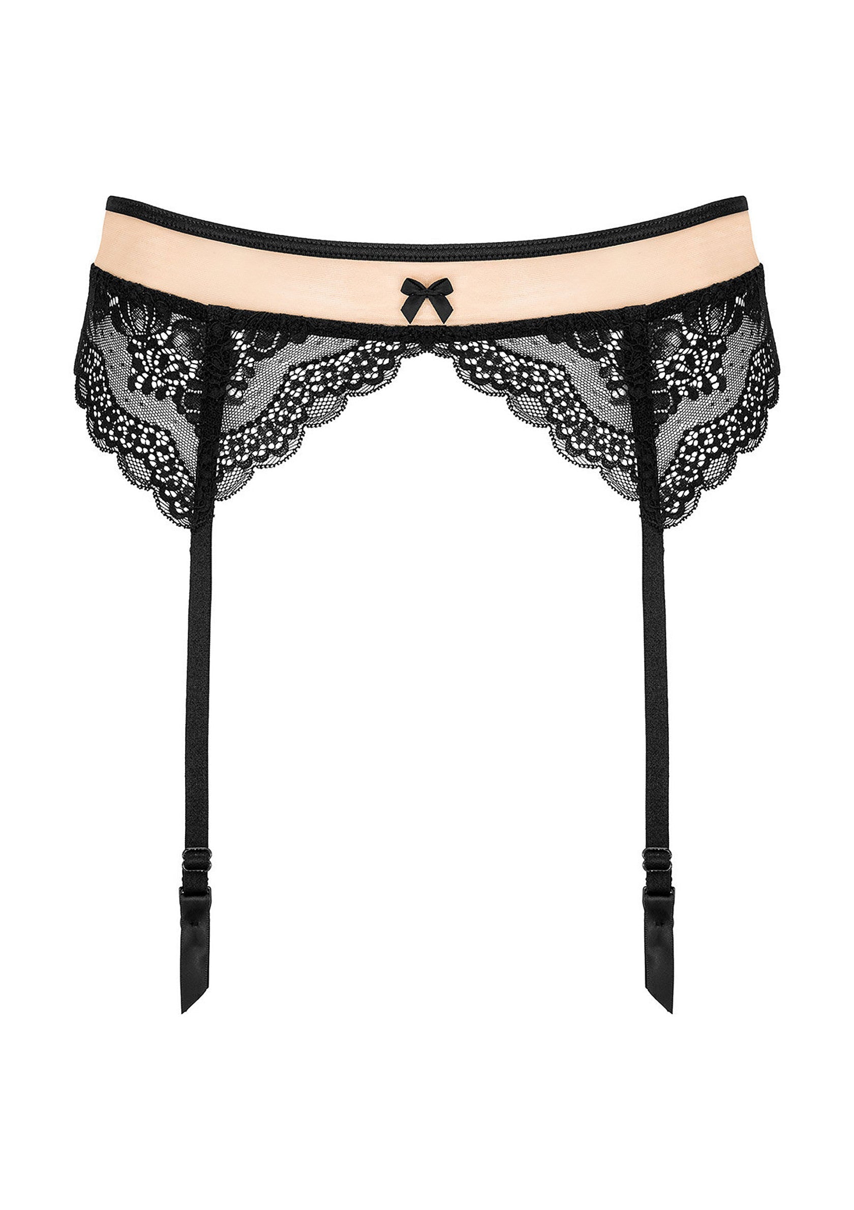 Jarretière noire en dentelle avec noeud décoratif; Zwarte kousenband met decoratieve strik; Black lace garter belt with decorative bow