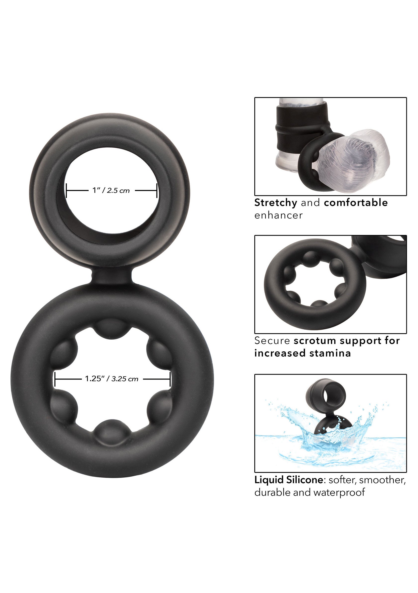 Anneau pénien en silicone liquide noir pour plus d'endurance et de confort.; Zwarte vloeibare siliconen penisring voor meer uithoudingsvermogen en comfort.; Black liquid silicone cock ring for enhanced stamina and comfort.