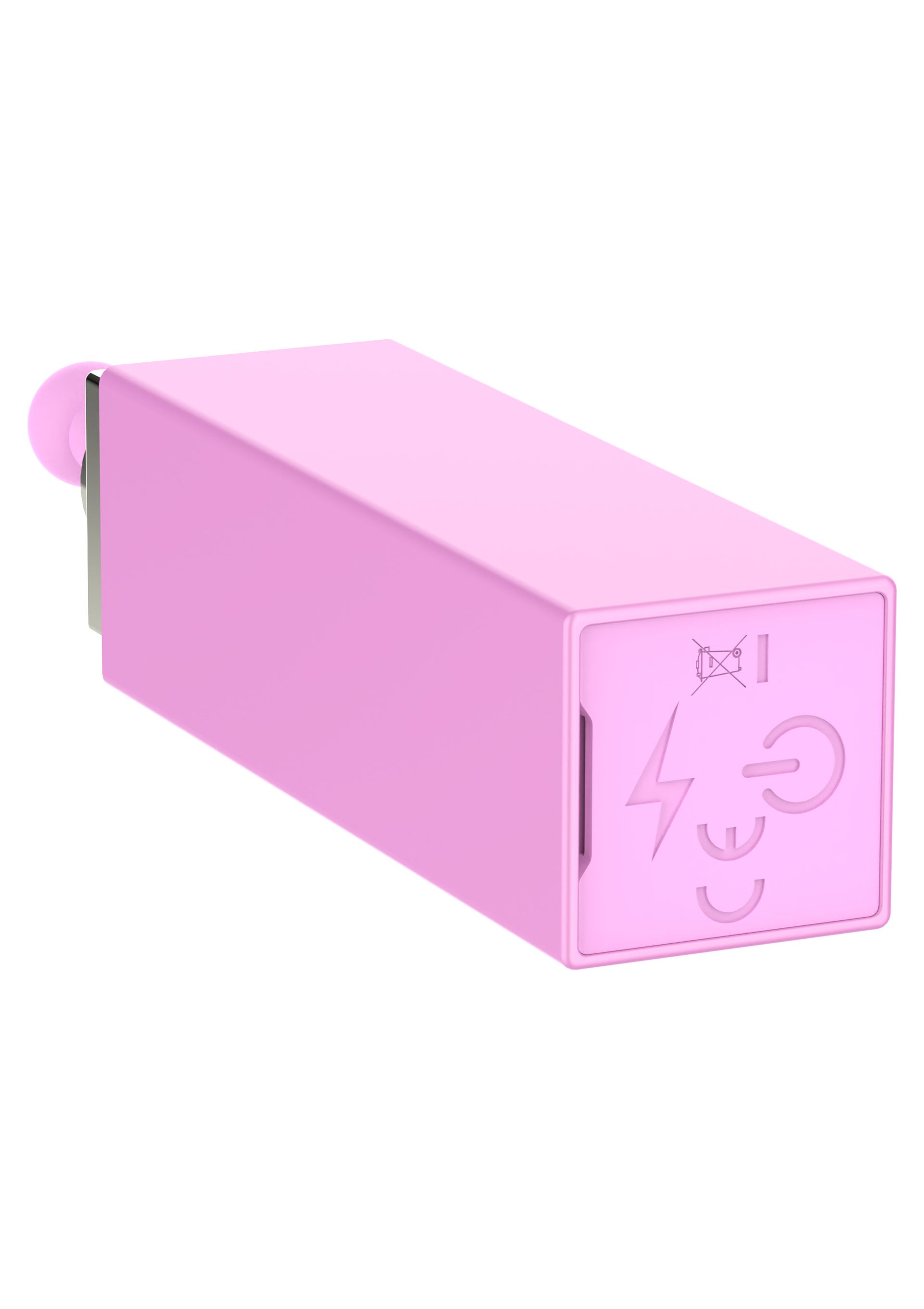 Batterie externe rose avec port USB et marquages réglementaires pour appareils mobiles.; Roze powerbank met USB-poort en markeringen voor mobiele apparaten.; Pink power bank with USB port and regulatory markings for mobile devices.