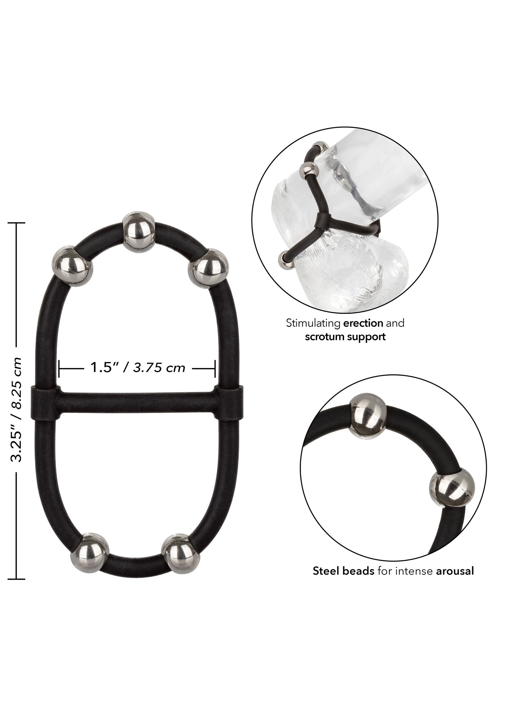 Anneau pénien avec billes en acier pour une stimulation intense. Soutien de l'érection et du scrotum.; Pennisring met stalen kralen voor intense stimulatie. Stimuleert de erectie en ondersteunt de scrotum.; Cock ring with steel beads for intense arousal. Stimulates erection and scrotum support.