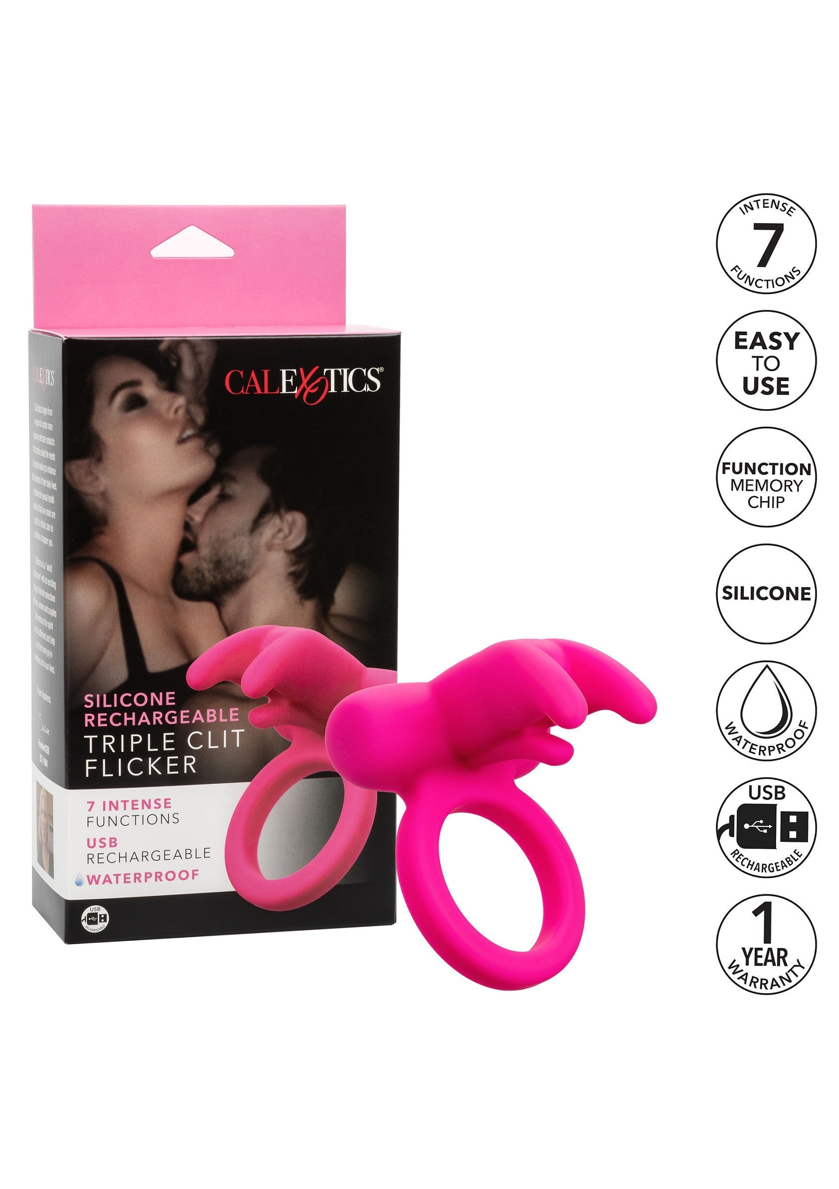 Anneau vibrant Calexotics Triple Clit Flicker. 7 fonctions, rechargeable USB, en silicone. Stimule le clitoris pour un plaisir intense.; Calexotics Triple Clit Flicker vibrerende ring. 7 functies, USB oplaadbaar, siliconen. Stimuleert de clitoris voor intens plezier.; Calexotics Triple Clit Flicker vibrating ring. 7 functions, USB rechargeable, silicone. Stimulates the clitoris for intense pleasure.