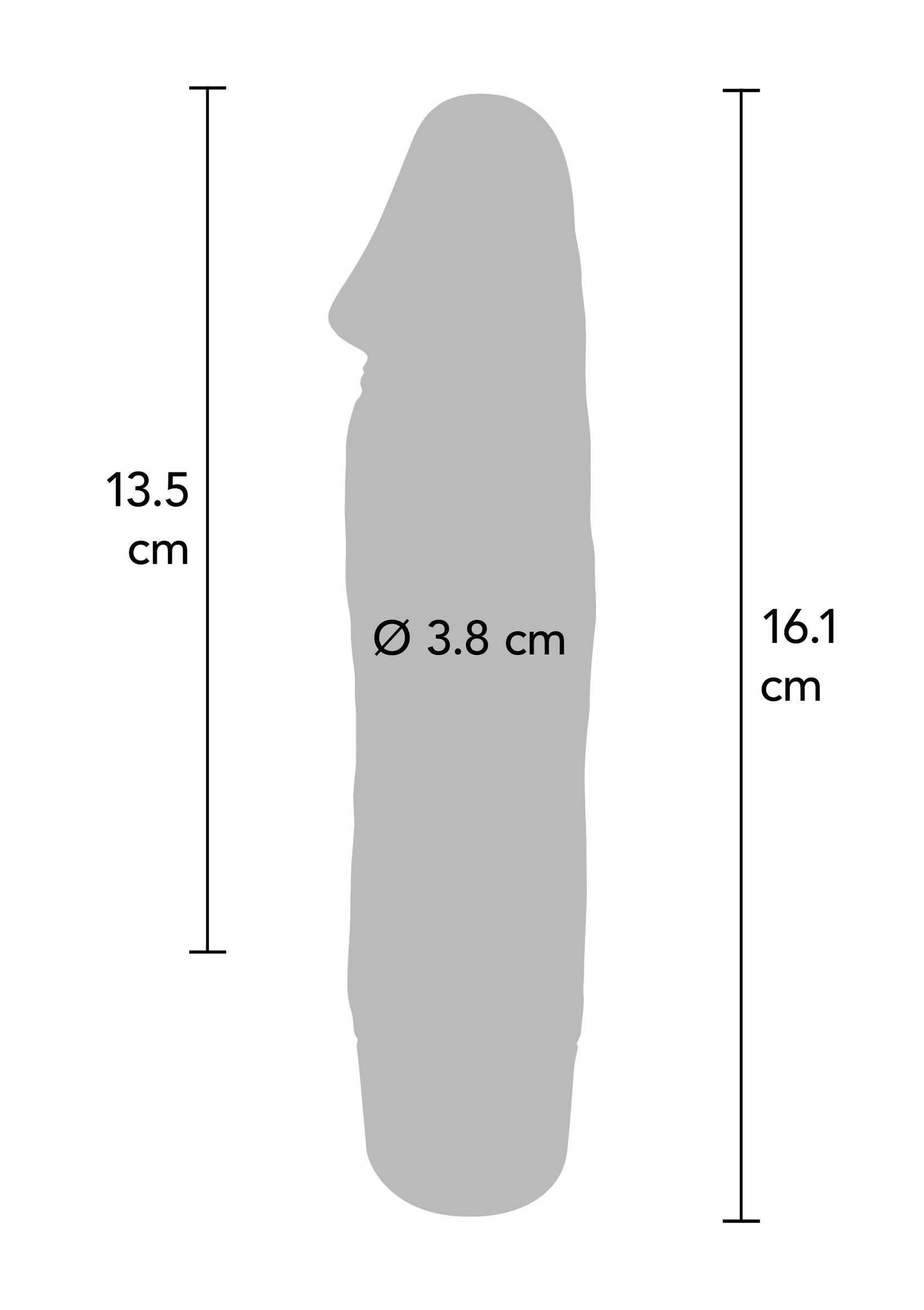Diagramme de dimensions d'un gode : 13.5cm, diamètre 3.8cm et 16.1cm, parfait pour votre plaisir.; Afmetingen diagram van een dildo: 13,5 cm, diameter 3,8 cm en 16,1 cm, perfect voor jouw plezier.; Dimensions diagram of a dildo: 13.5cm, 3.8cm diameter, and 16.1cm, perfect for your pleasure.