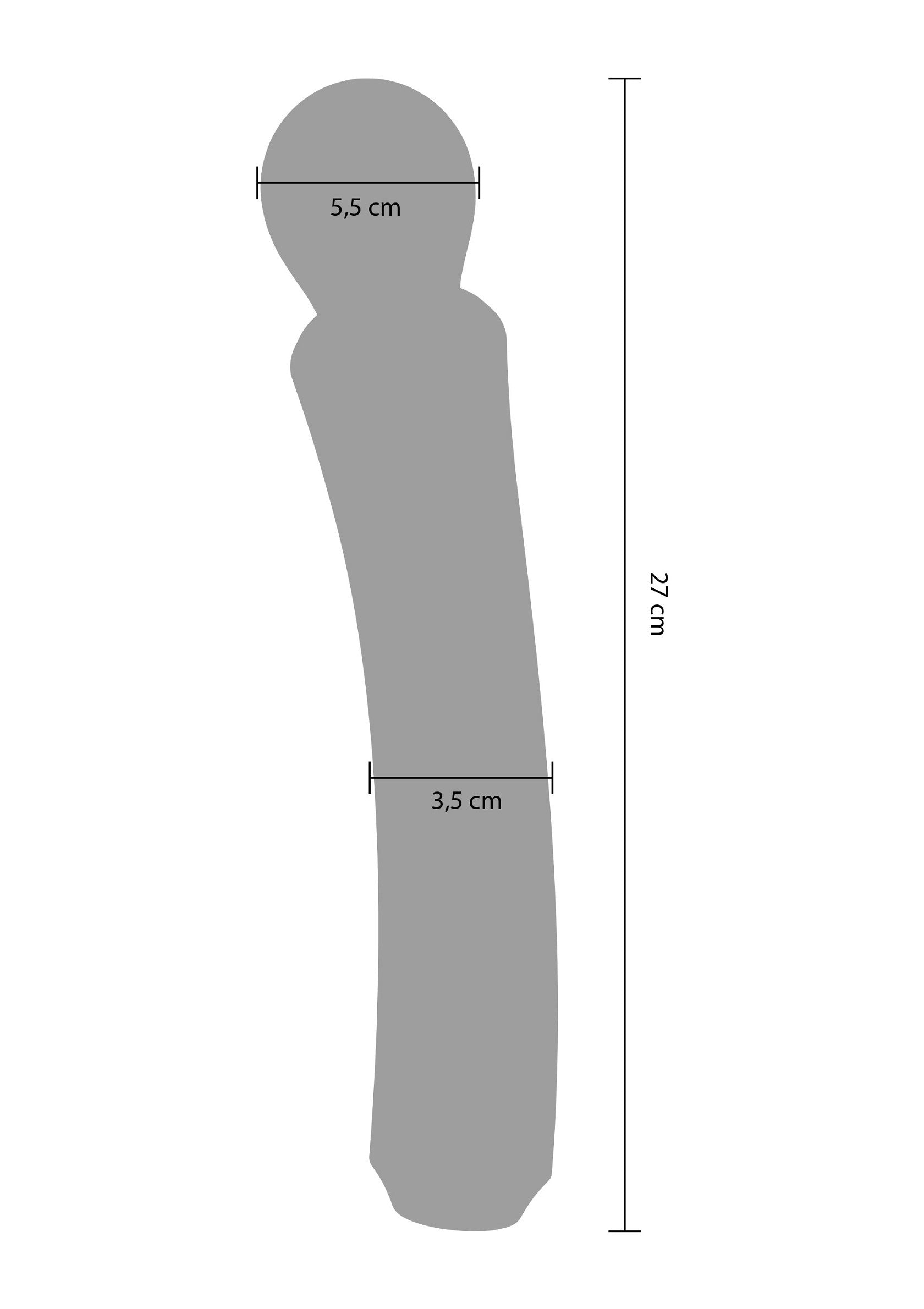 Schéma des dimensions d'une figurine en bois : 27 cm de hauteur, 5,5 cm de largeur en haut et 3,5 cm en bas.; Schema van de afmetingen van een houten figuur: 27 cm hoog, 5,5 cm breed aan de bovenkant en 3,5 cm aan de onderkant.; Dimensions diagram of a wooden figure: 27 cm high, 5.5 cm wide at the top and 3.5 cm at the bottom.
