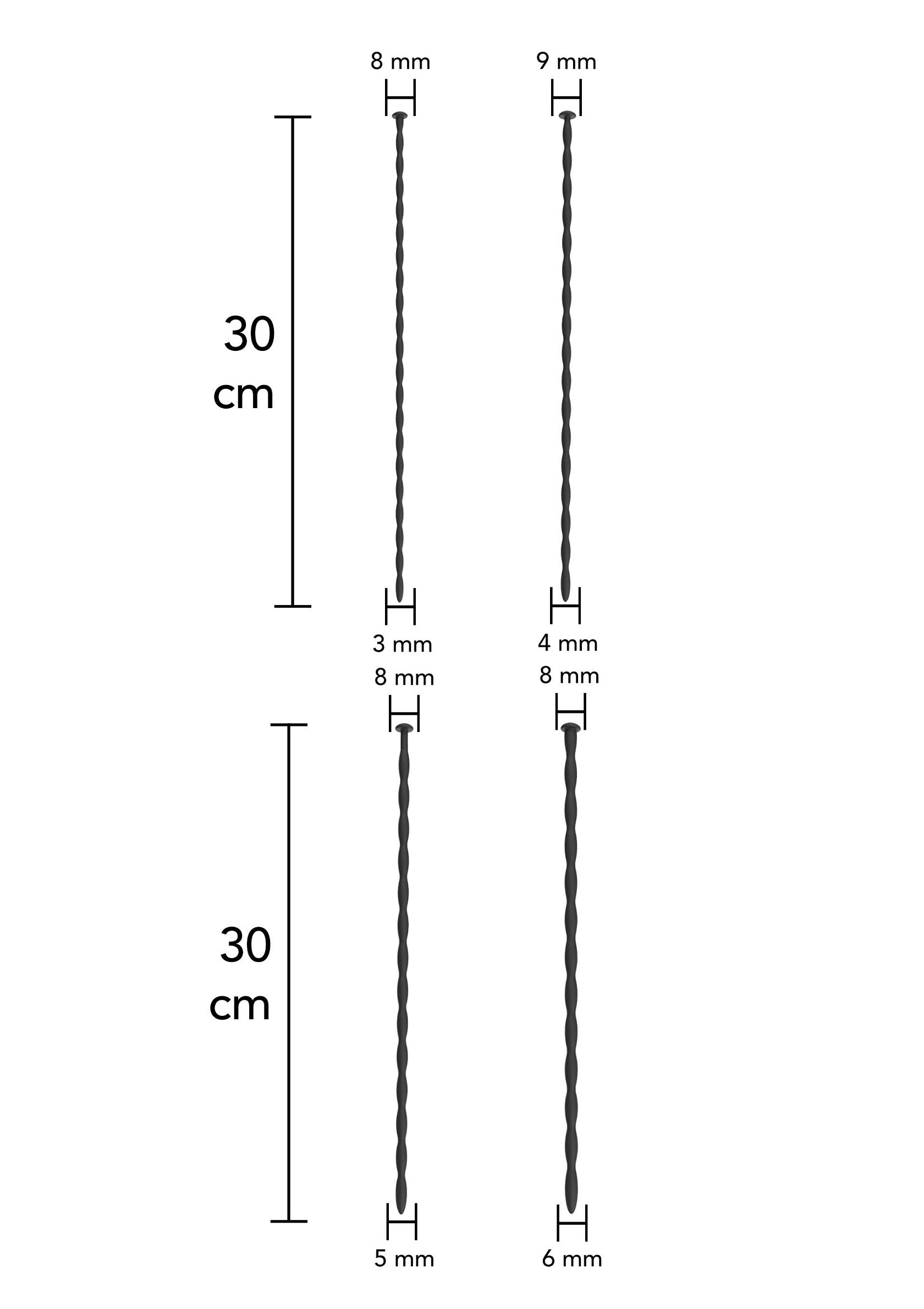 Diagramme de mèches torsadées de 30cm avec des diamètres variés pour des projets de bricolage et de modélisme.; Diagram van gedraaide strengen van 30 cm met verschillende diameters voor doe-het-zelf- en modelbouwprojecten.; Diagram of 30cm twisted strands with varying diameters for DIY and model-making projects.