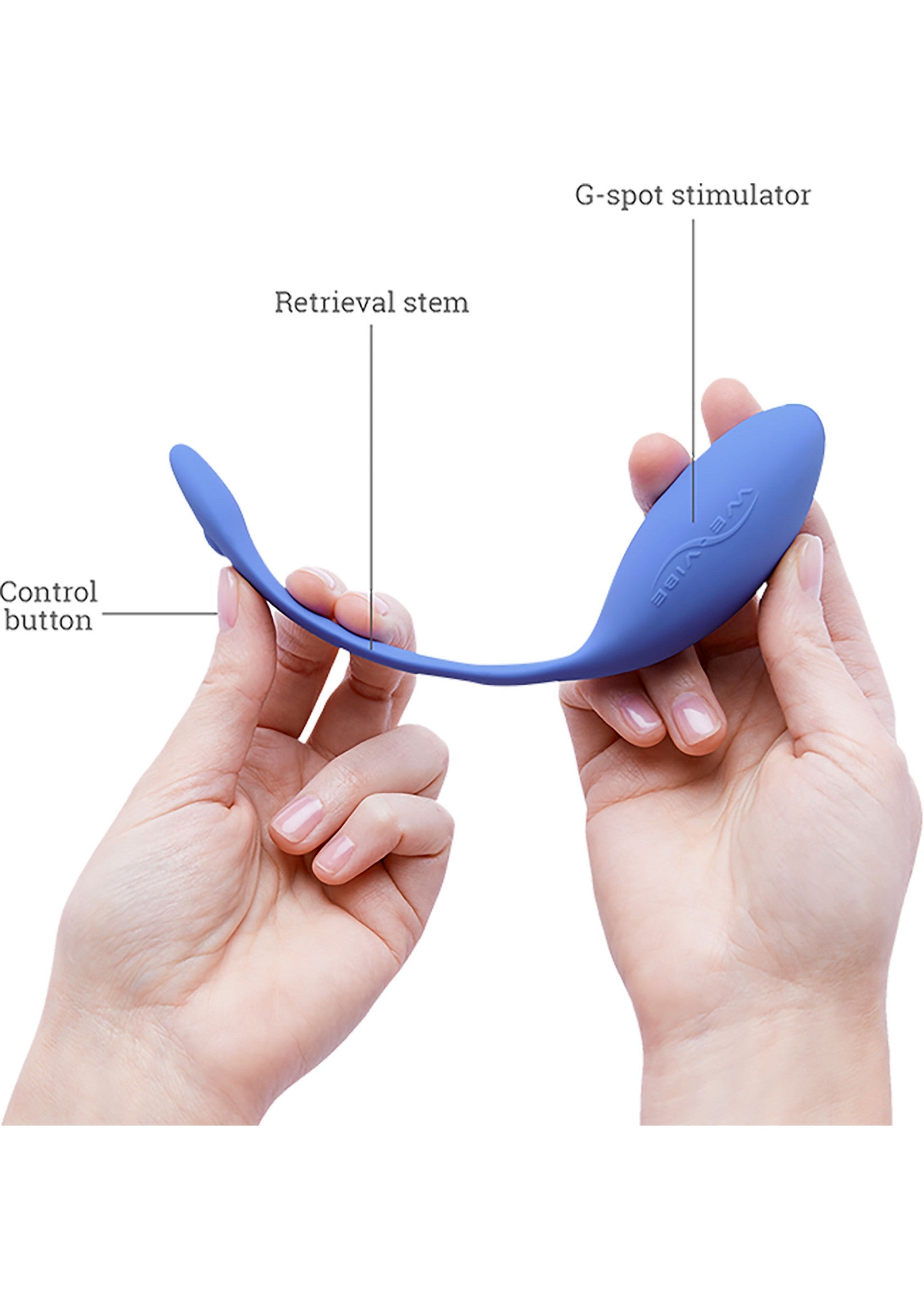 Image d'un stimulateur de point G bleu tenu dans les mains, avec indication du bouton de commande, de la tige de récupération et du stimulateur de point G.; Afbeelding van een blauwe G-spot stimulator die in de handen wordt gehouden, met indicatie van de bedieningsknop, de terugvorderingsstengel en de G-spot stimulator.; Image of a blue G-spot stimulator being held in hands, with indication of the control button, retrieval stem and G-spot stimulator.