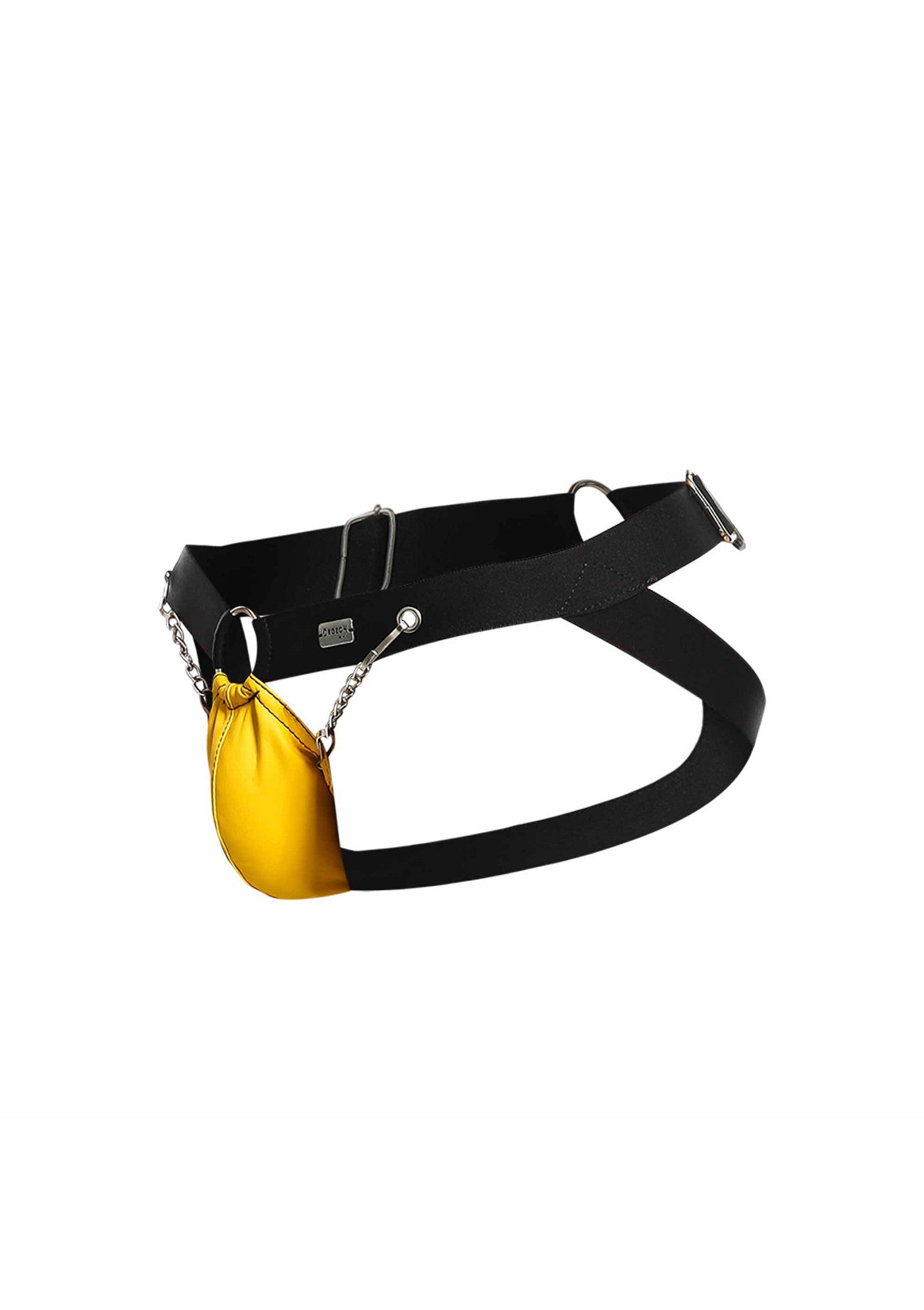 String noir et jaune avec des chaînes métalliques pour un look audacieux et sexy.; Zwarte en gele string met metalen kettingen voor een gedurfde en sexy look.; Black and yellow jockstrap with metal chains for a bold, sexy look.