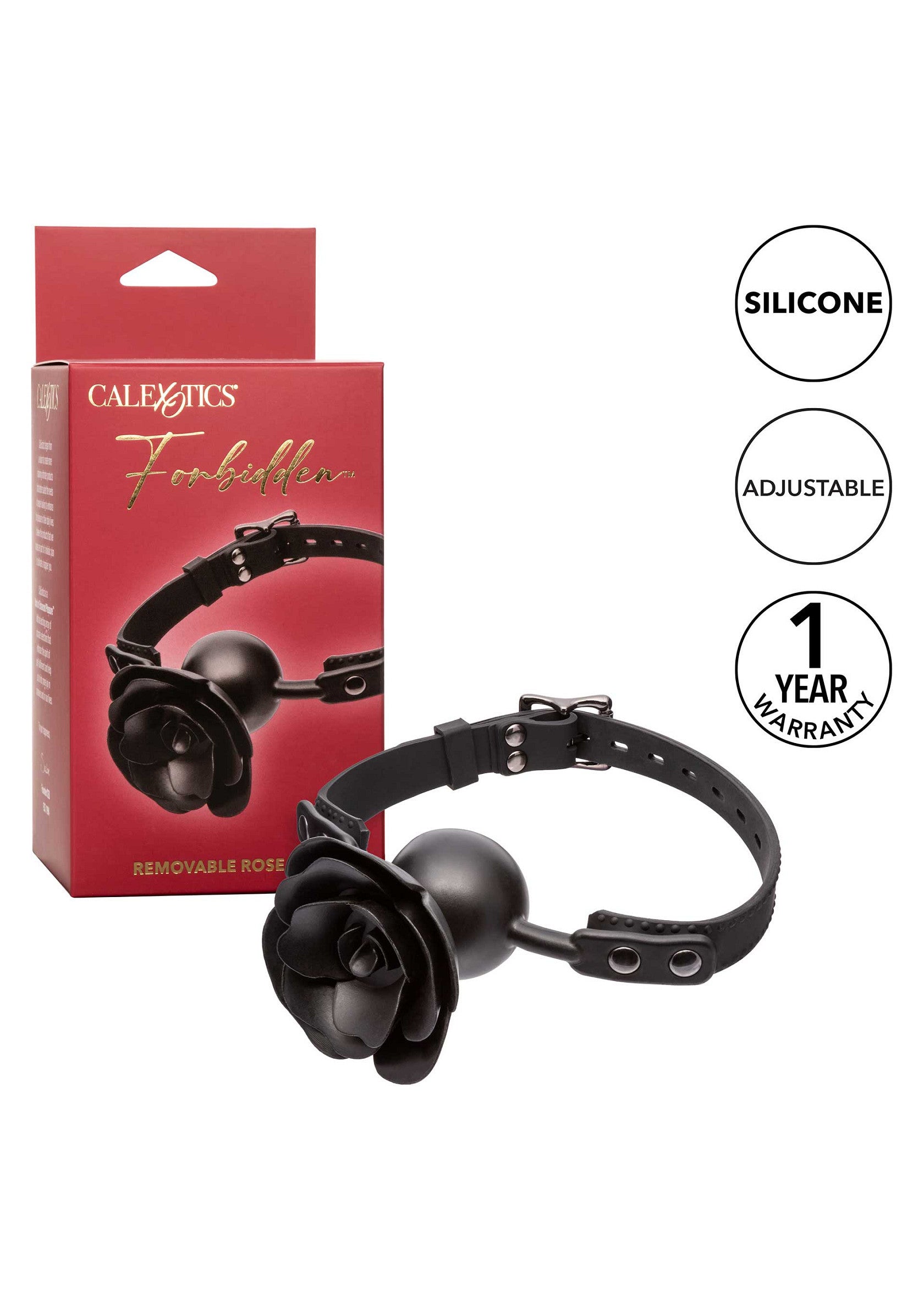 Bâillon rose amovible CalExotics Forbidden, silicone réglable, avec garantie 1 an.; CalExotics Forbidden verwijderbare rozenknevel, verstelbare siliconen, met 1 jaar garantie.; CalExotics Forbidden removable rose gag, adjustable silicone, with 1 year warranty.
