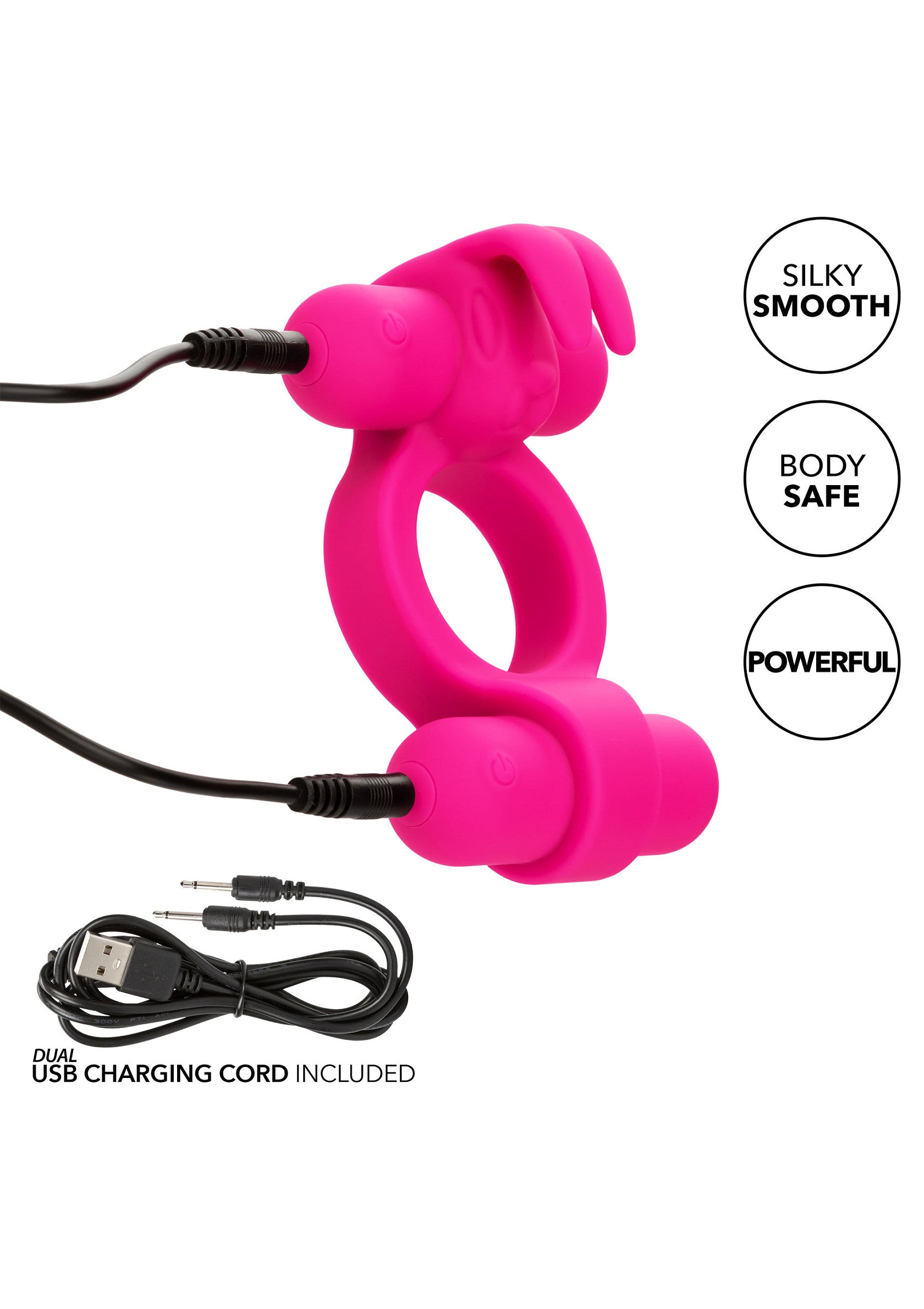 Anneau vibrant rose avec cordon de charge USB. Doux, sûr et puissant pour le plaisir des couples.; Roze vibrerende penisring met USB-oplaadkabel. Glad, veilig en krachtig voor koppelplezier.; Pink vibrating cock ring with USB charging cord. Silky smooth, body safe, and powerful for couple's pleasure.