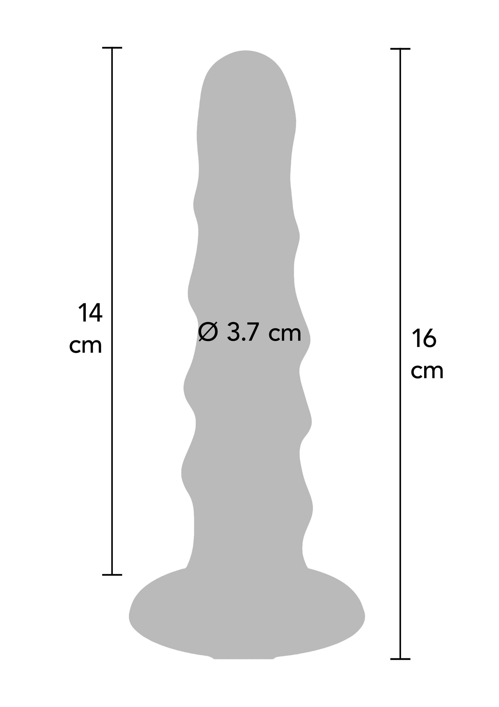 Diagramme d'un gode ondulé avec une base, montrant les dimensions de 14-16 cm de hauteur et 3,7 cm de diamètre.; Diagram van een golvende dildo met een basis, met afmetingen van 14-16 cm hoog en 3,7 cm in diameter.; Diagram of a wavy dildo with a base, showing dimensions of 14-16 cm height and 3.7 cm diameter.