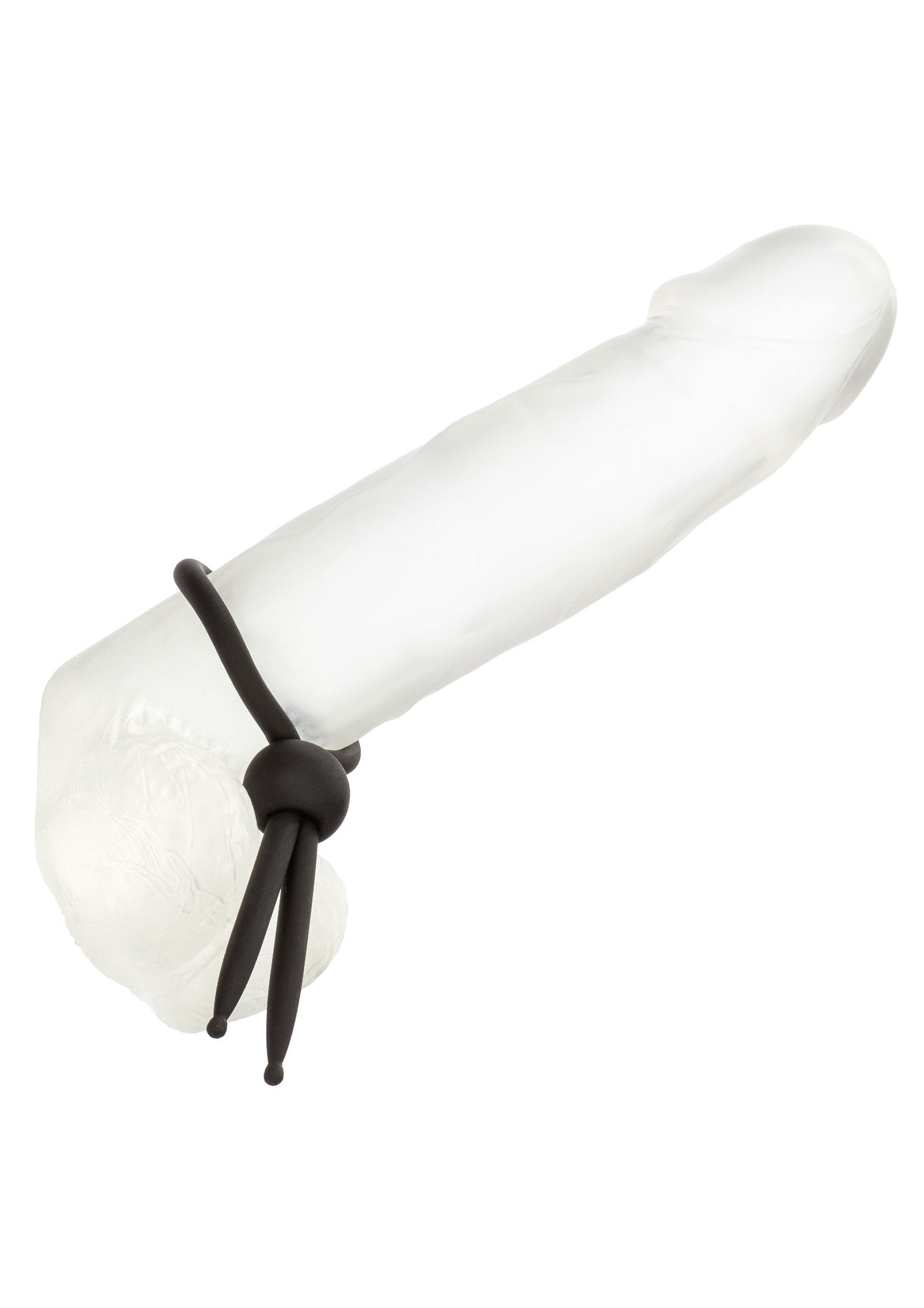 Gode en verre givré avec anneau noir réglable pour une expérience unique.; Frosted glazen dildo met verstelbare zwarte ring voor een unieke ervaring.; Frosted glass dildo with adjustable black ring for a unique experience.