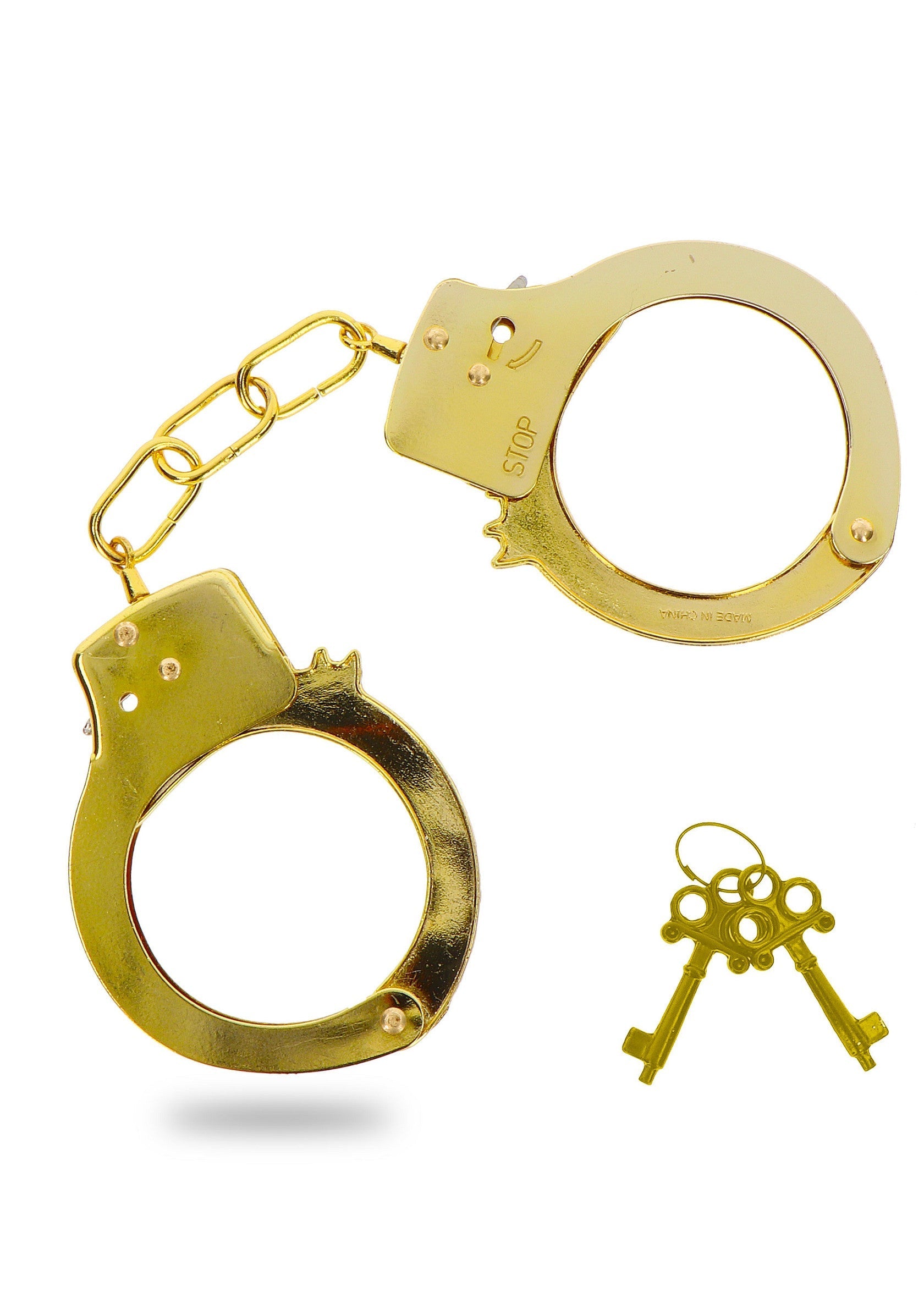 Menottes dorées fantaisie avec clés. Accessoire idéal pour vos soirées déguisées.; Gouden speelgoed handboeien met sleutels. Een leuke accessoire voor een themafeest!; Gold toy handcuffs with keys. Perfect accessory for your costume parties!