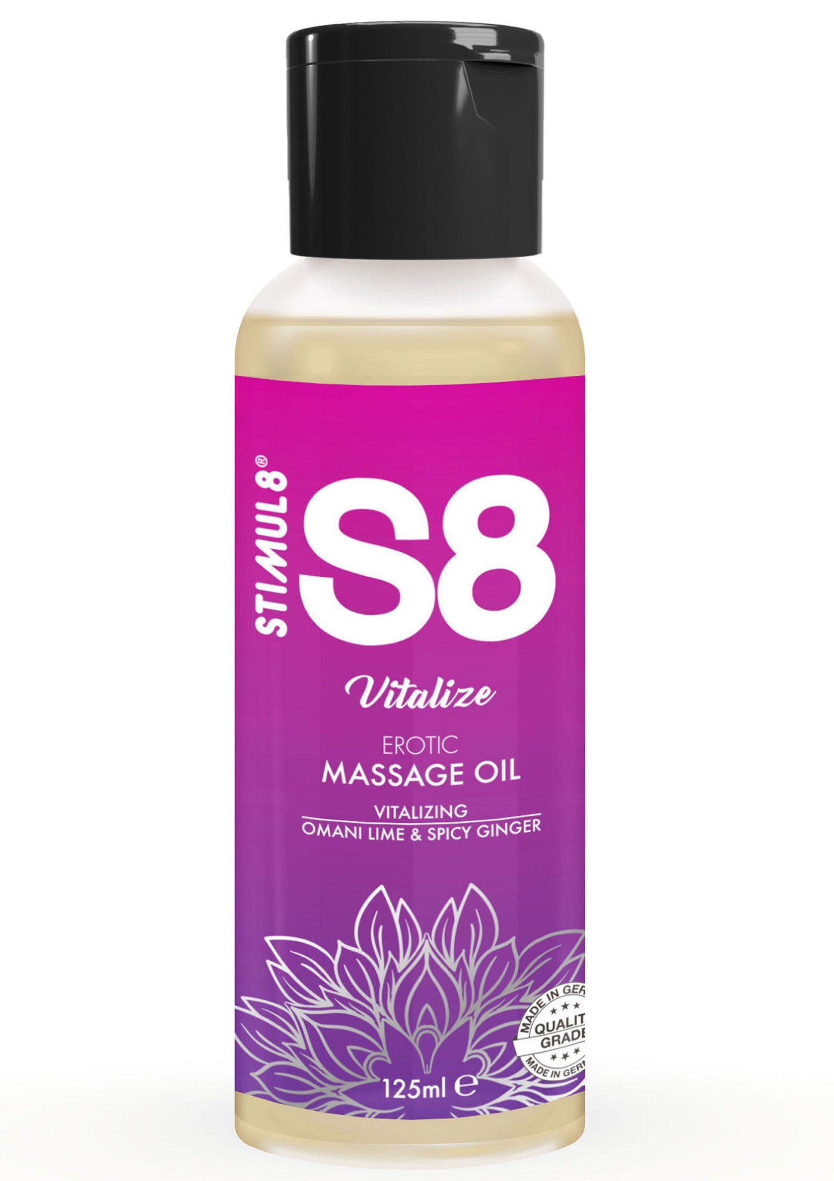 Huile de massage érotique S8 Vitalize, tonifiante au citron vert et au gingembre épicé. 125ml pour un massage sensuel.; S8 Vitalize erotische massageolie, verkwikkend met Omani limoen & pittige gember. 125ml voor sensuele ontspanning.; S8 Vitalize erotic massage oil with Omani Lime & Spicy Ginger. 125ml sensual oil for invigorating massage.
