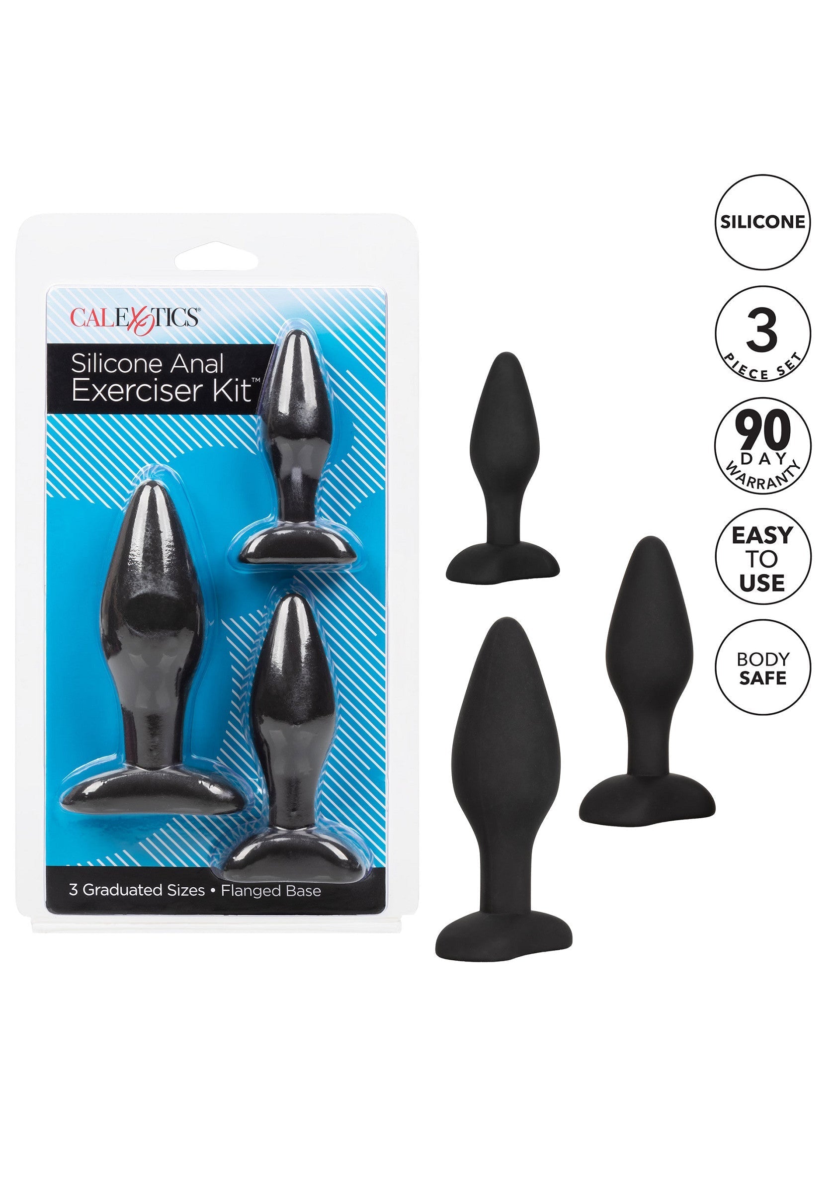 Kit d'entraînement anal en silicone CalExotics, 3 tailles progressives. Jouets intimes pour adultes, base évasée.; CalExotics Silicone Anale Trainer Kit, 3 oplopende maten. Intiem speelgoed voor volwassenen, uitlopende basis.; CalExotics Silicone Anal Exerciser Kit, 3 Graduated Sizes. Adult intimate toys, flanged base.