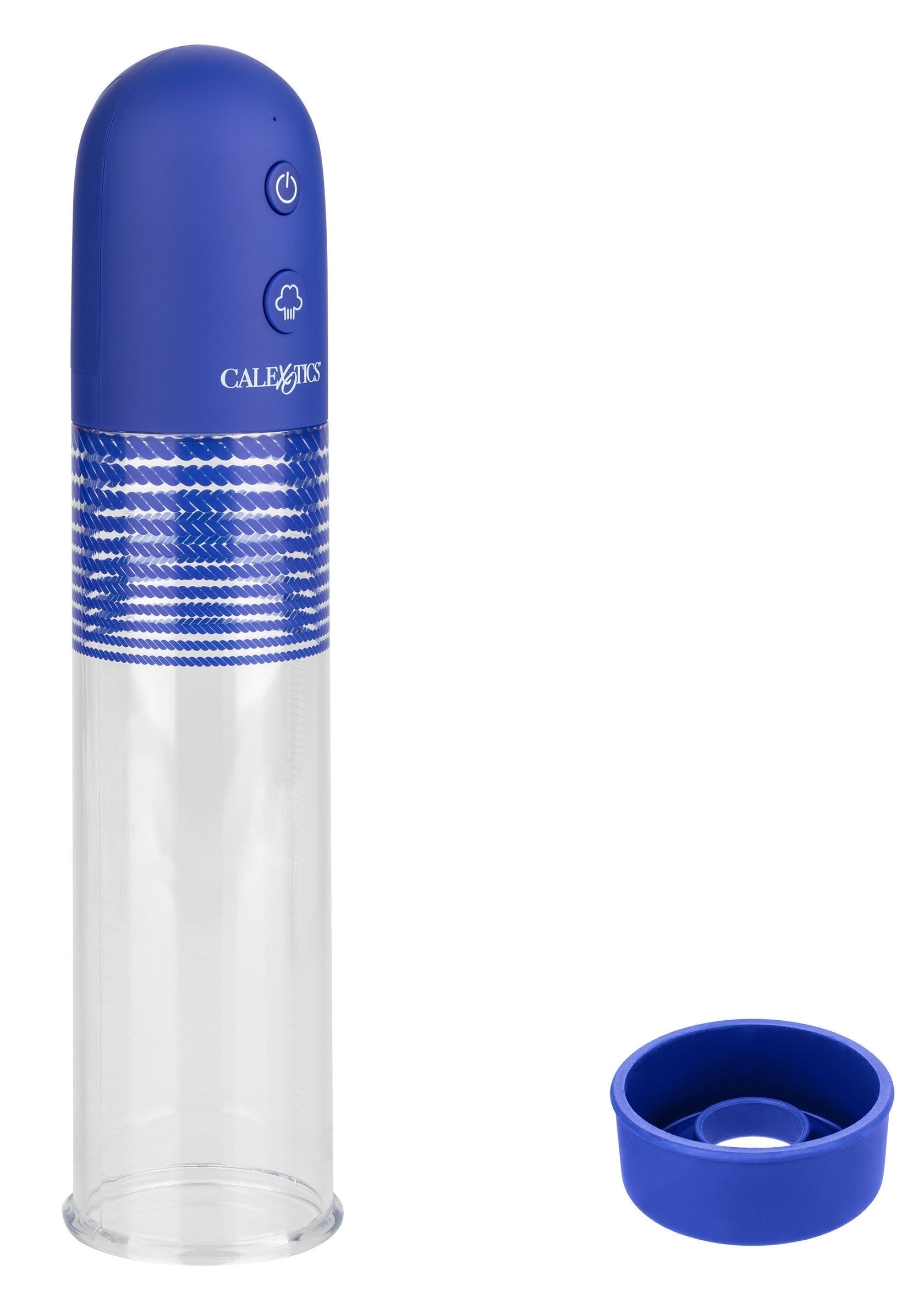 Pompe à pénis électrique bleue CalExotics pour une augmentation de la taille en toute sécurité et efficace.; Blauwe elektrische penis pomp van CalExotics voor een veilige en effectieve penisvergroting.; CalExotics blue electric penis pump for safe and effective penis enlargement.