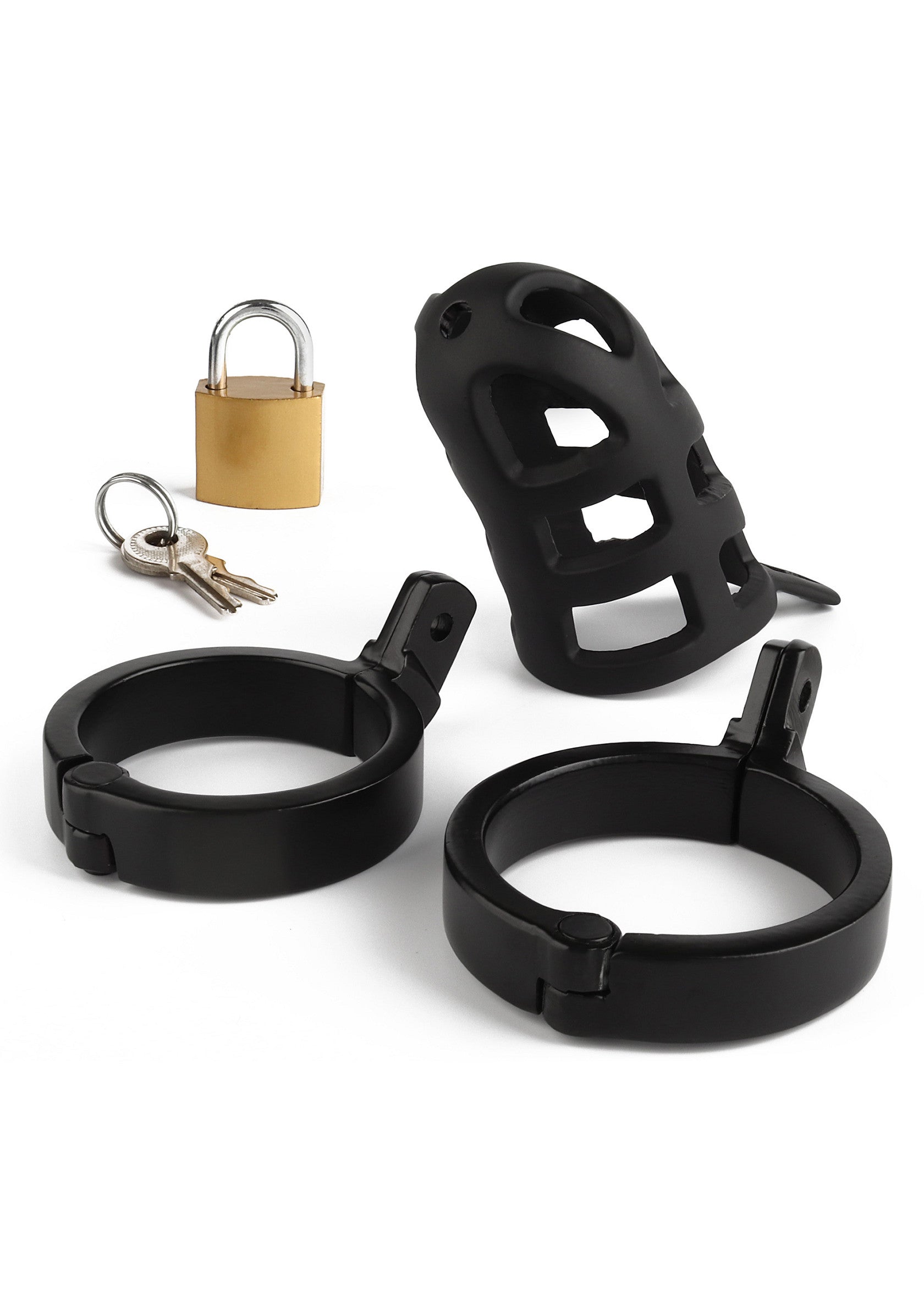 Cage de chasteté masculine noire en résine avec cadenas et clés.; Zwarte kuisheidskooi voor mannen van hars met slot en sleutels.; Black resin male chastity cage with padlock and keys.