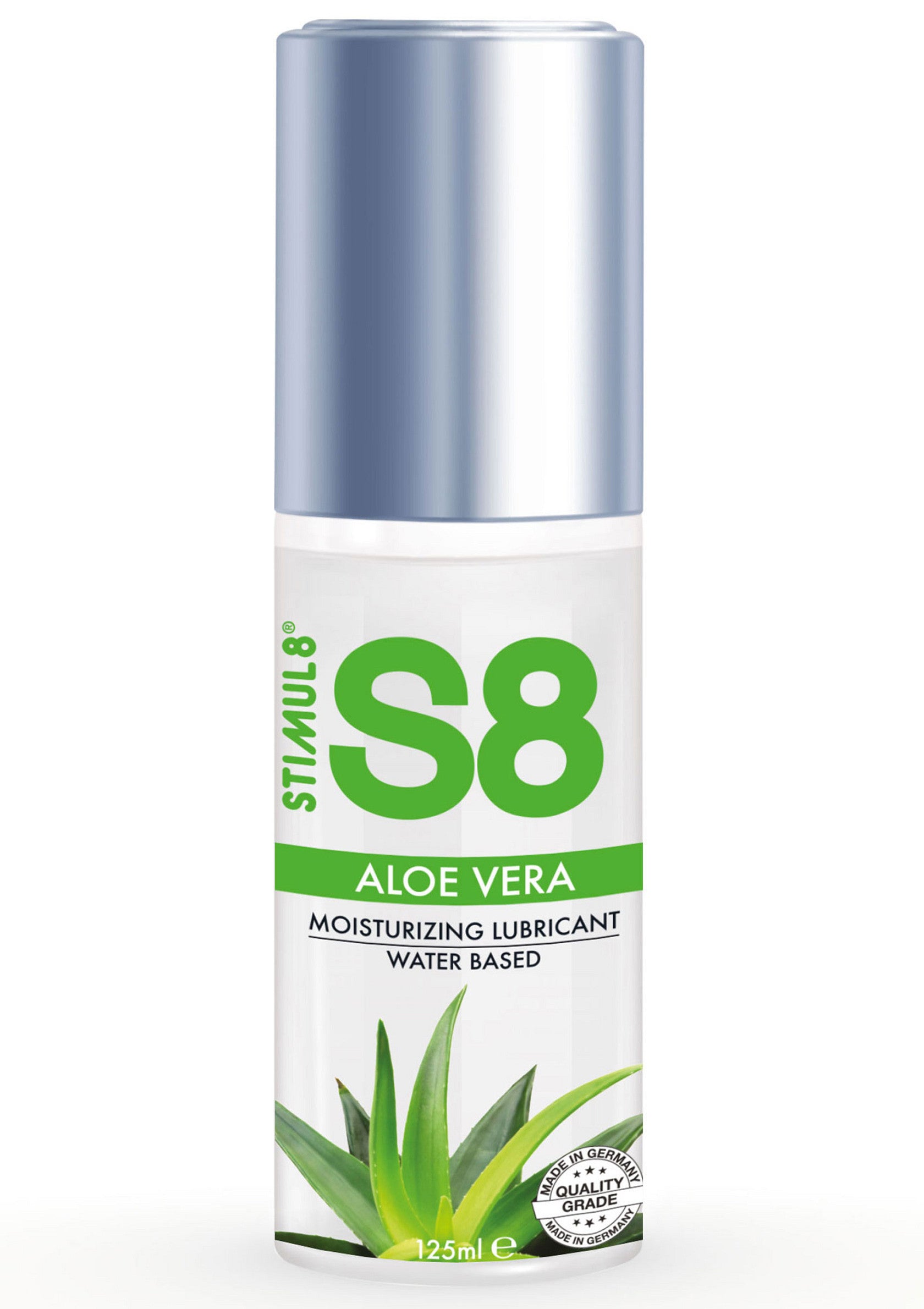 Lubrifiant hydratant S8 Stimul 8 à l'aloe vera, base aqueuse. Pour une expérience intime douce et naturelle.; S8 Stimul 8 hydraterend glijmiddel met Aloë Vera, op waterbasis. Voor een zachte en natuurlijke intieme ervaring.; S8 Stimul 8 aloe vera moisturizing lubricant, water based. For a smooth and natural intimate experience.