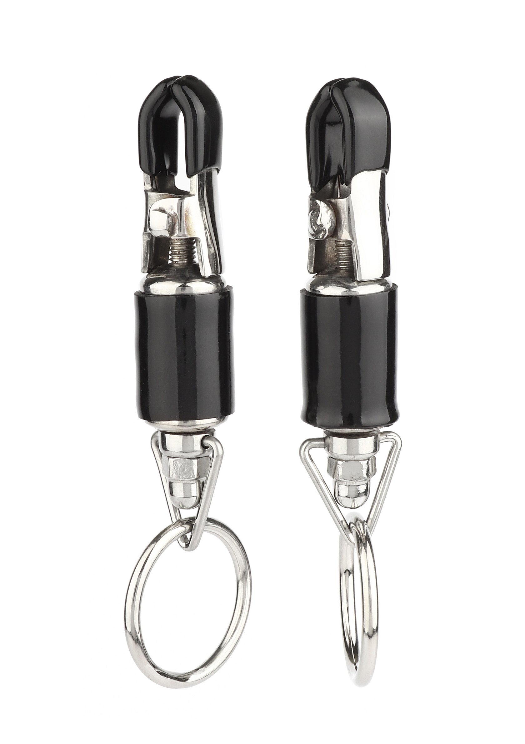 Pinces à tétons réglables en métal et silicone noir. Accessoires de plaisir pour adultes.; Verstelbare tepelklemmen van metaal en zwart siliconen. Accessoires voor volwassen plezier.; Adjustable nipple clamps made of metal and black silicone. Adult pleasure accessories.
