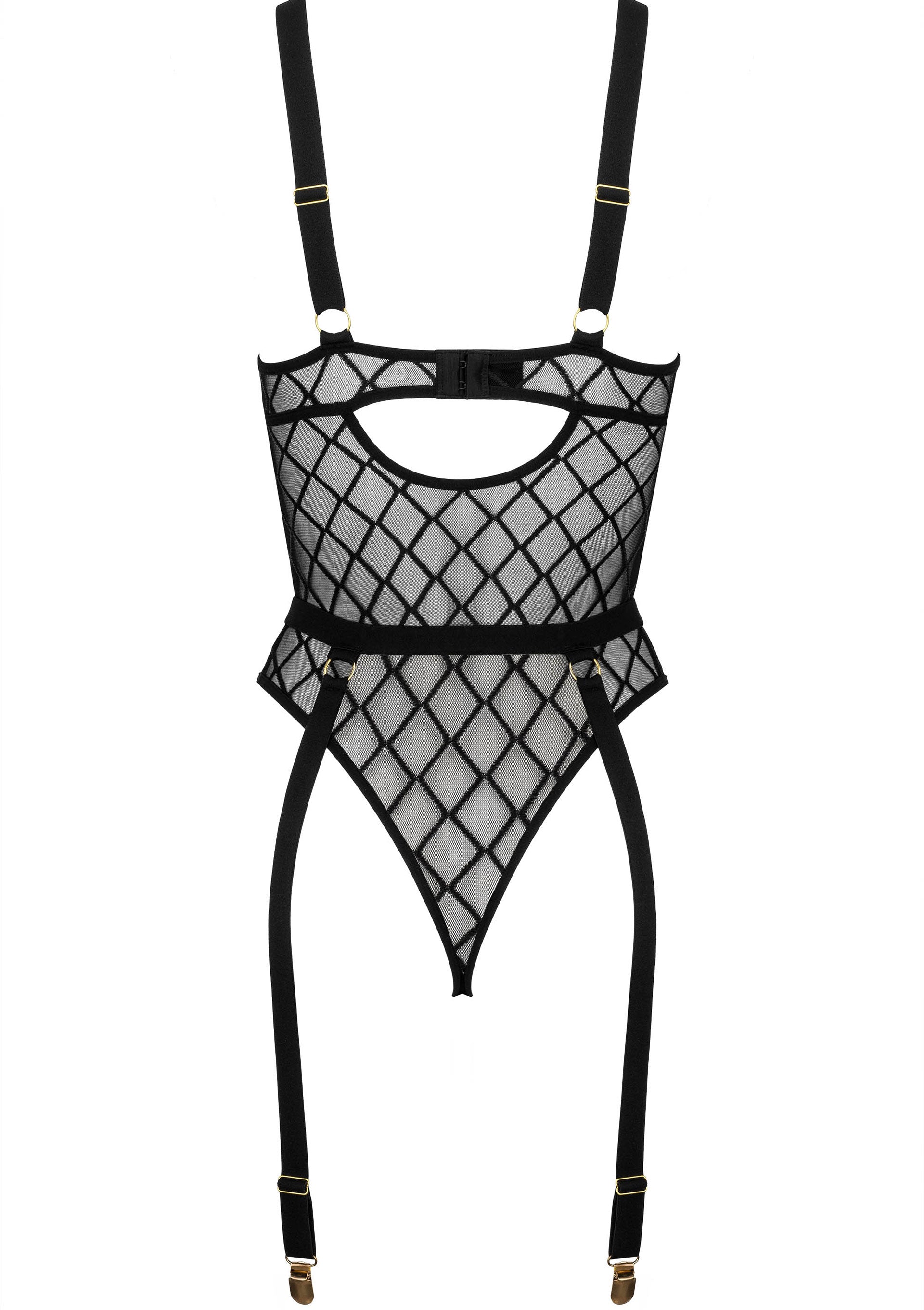 Body noir résille à bretelles et jarretelles pour une allure audacieuse et sensuelle.; Zwarte visnet body met bandjes en jarretels voor een gedurfde en sensuele look.; Black fishnet bodysuit with straps and suspenders for a bold and sensual look.
