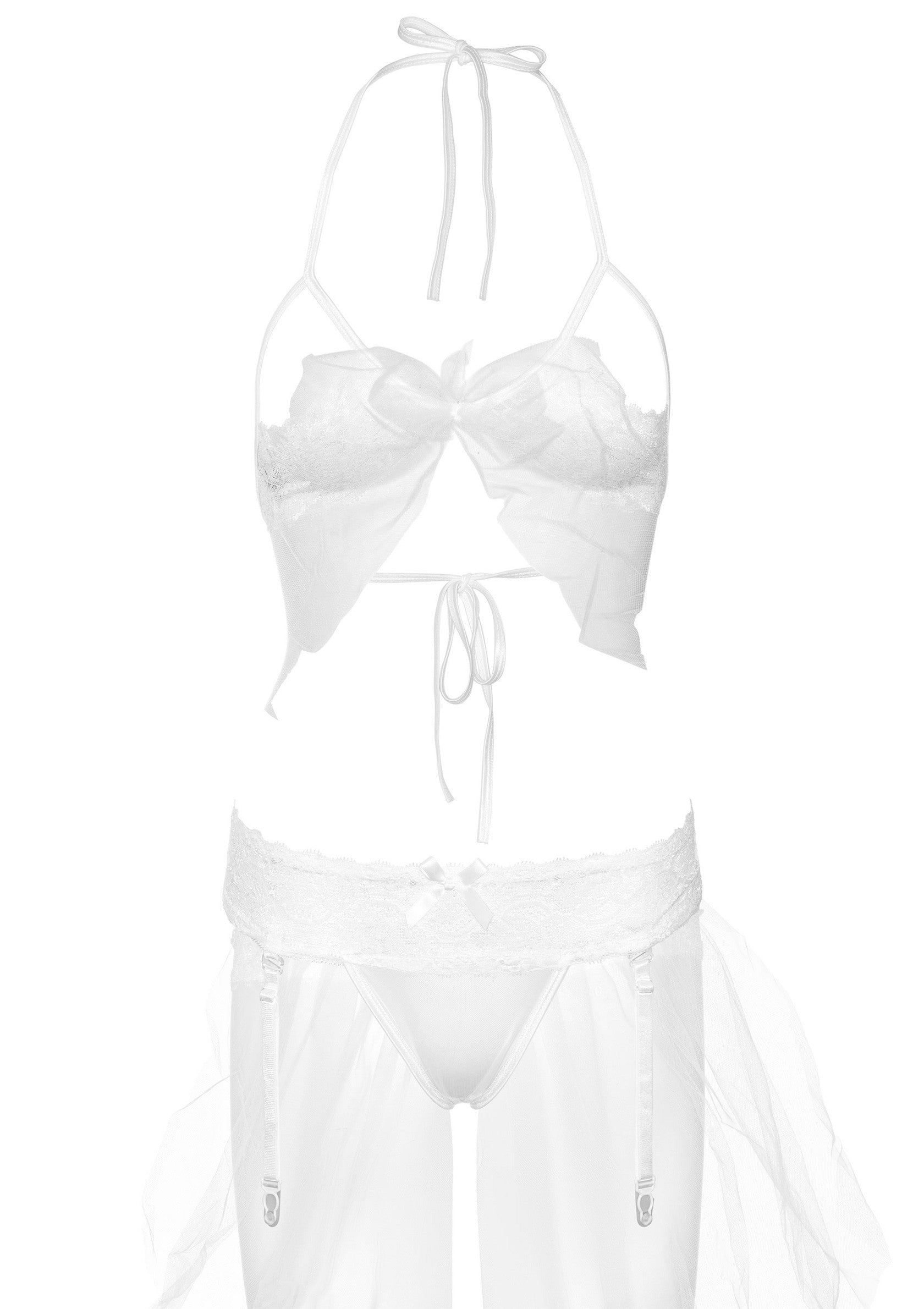 Ensemble de lingerie blanc : haut licou et jarretière en tulle transparent pour une séduction tout en douceur.; Witte lingerie set: haltertop en jarretelgordel in transparante tule voor zachte verleiding.; White lingerie set: halter top & garter belt in sheer tulle for soft seduction.
