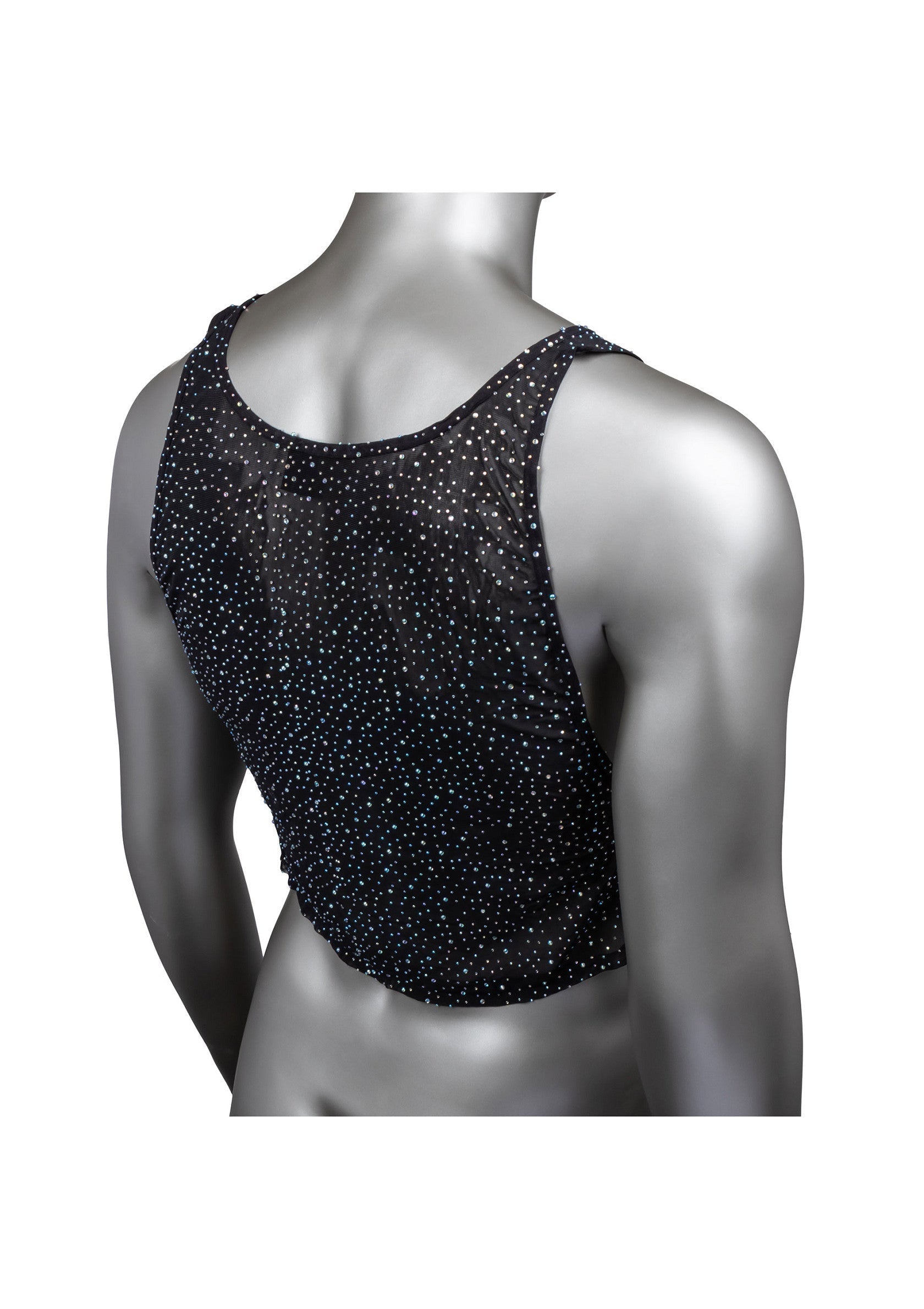 Débardeur noir transparent à pois blancs, dos nu, idéal pour une tenue élégante et légère.; Zwarte, doorschijnende top met witte stippen, open rug, perfect voor een elegante en lichte outfit.; Sheer black tank top with white dots, bare back, perfect for a light and elegant outfit.