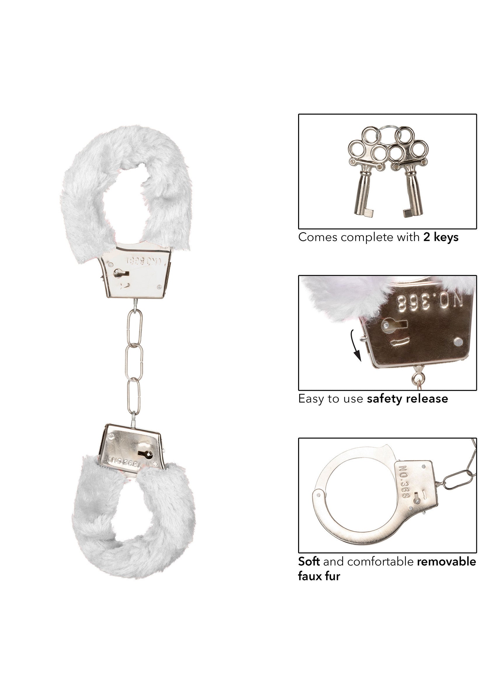 Menottes en fourrure blanche pour une expérience coquine et confortable. Livrées avec 2 clés.; Witte, zachte bont handboeien voor een ondeugende en comfortabele ervaring. Wordt geleverd met 2 sleutels.; White faux fur handcuffs for a kinky, comfy experience. Come complete with 2 keys and a quick release.