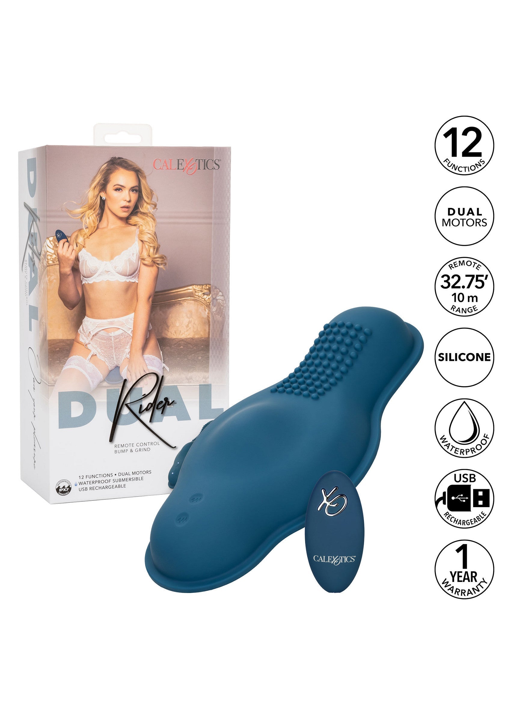 Vibromasseur CalExotics Dual Rider bleu avec télécommande. 12 fonctions, étanche et rechargeable par USB.; Blauwe CalExotics Dual Rider vibrator met afstandsbediening. 12 functies, waterdicht en USB oplaadbaar.; Blue CalExotics Dual Rider vibrator with remote. 12 functions, waterproof, and USB rechargeable.