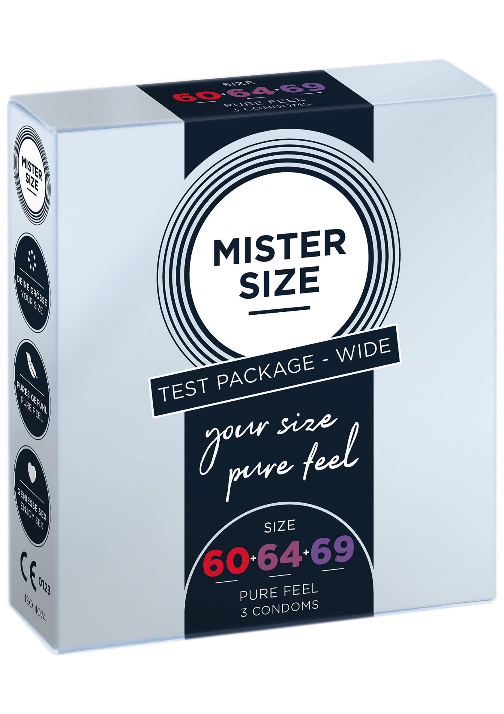 Préservatifs Mister Size Pure Feel, tailles 60, 64, 69. Testez votre taille pour un confort optimal. Paquet de 3.; Mister Size Pure Feel condooms, maten 60, 64, 69. Test je maat voor optimaal comfort. Pak van 3.; Mister Size Pure Feel condoms, sizes 60, 64, 69. Test your size for optimal comfort. Pack of 3.
