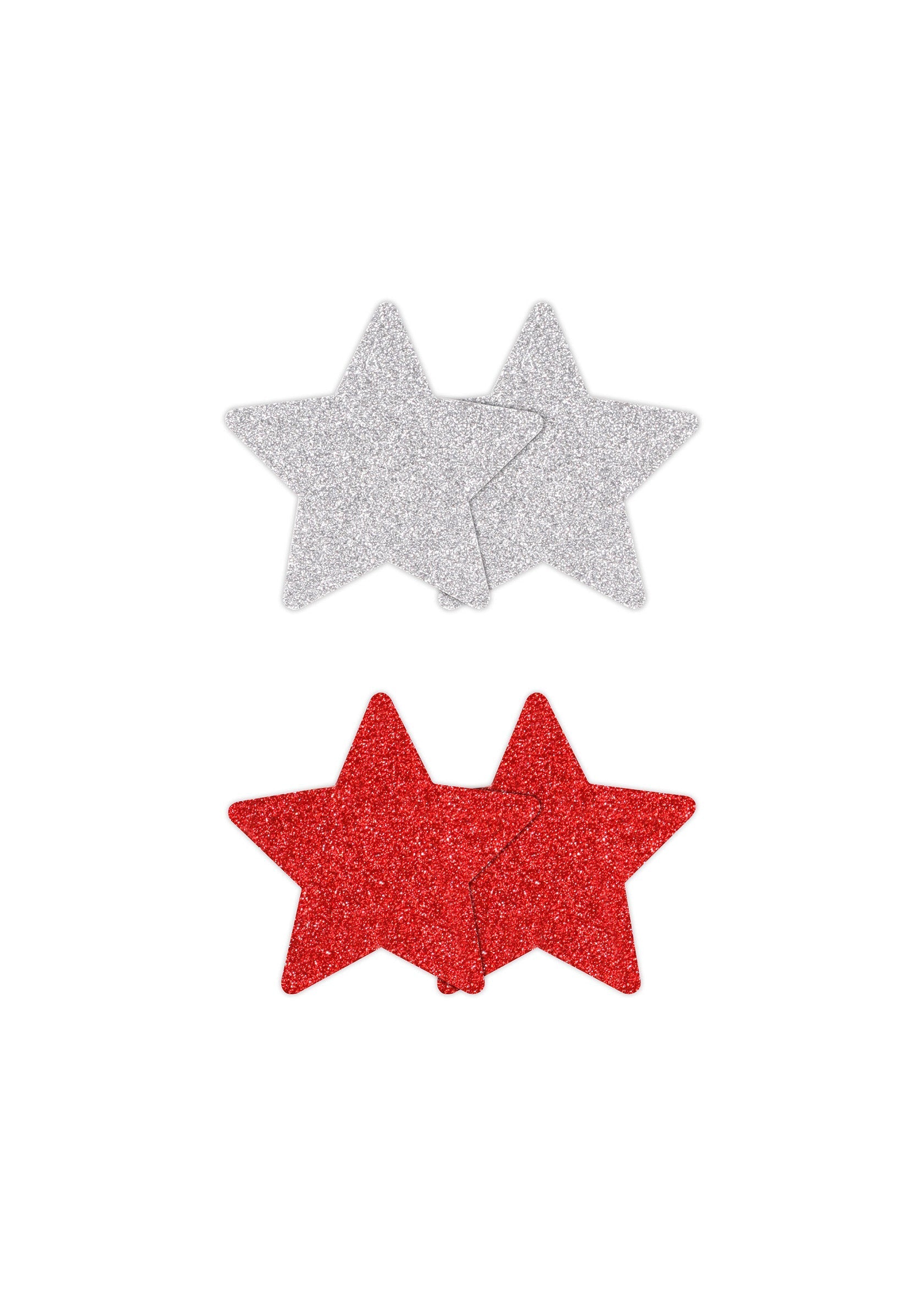 Paires de cache-tétons étoiles pailletées. Rouge et argenté.; Glitter ster tepelbedekkers. Rood en zilver.; Glitter star nipple covers. Red and silver.