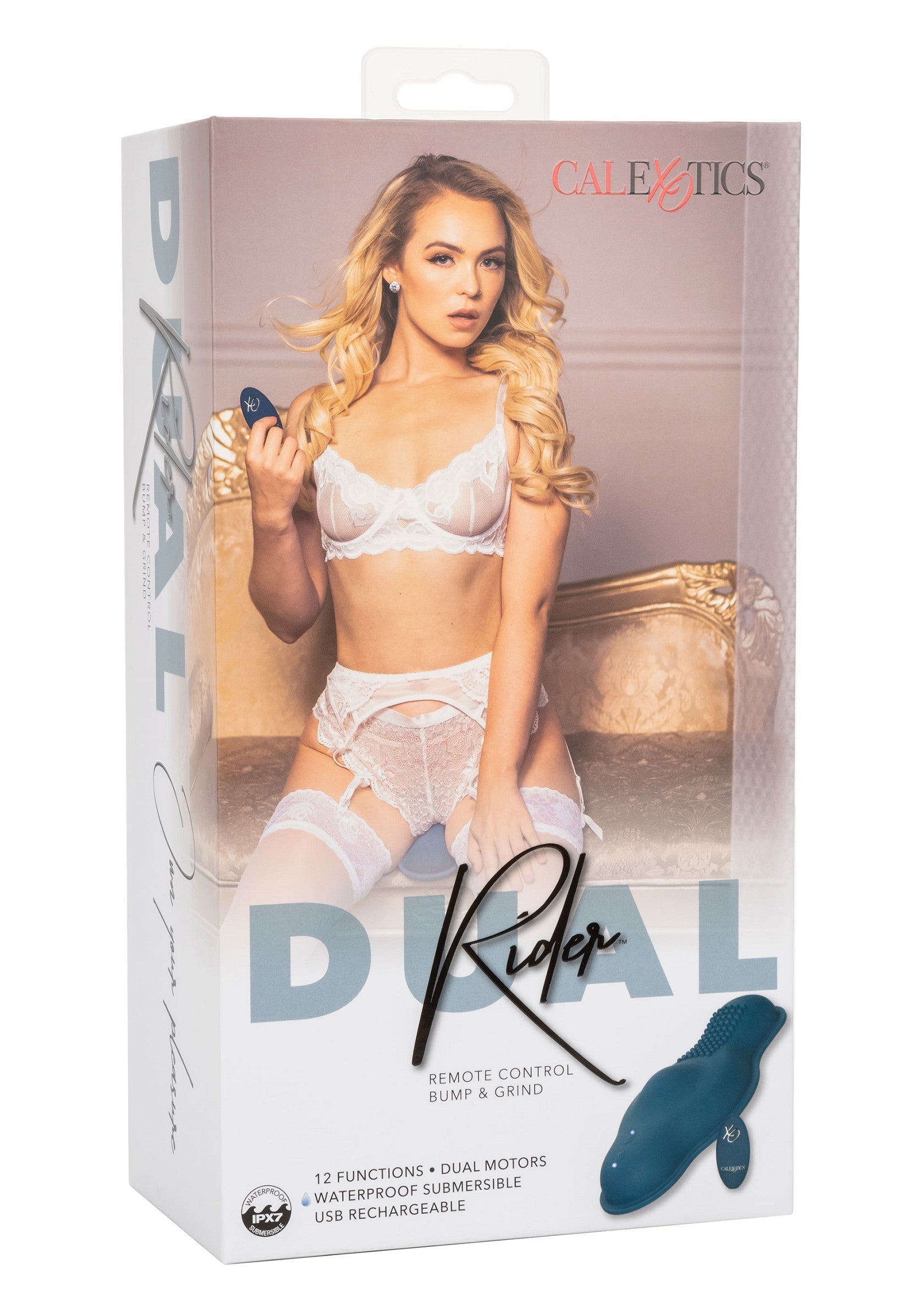 Dual Rider CalExotics : vibromasseur rechargeable avec télécommande pour des sensations fortes.; CalExotics Dual Rider: oplaadbare vibrator met afstandsbediening voor intense sensaties.; CalExotics Dual Rider: Rechargeable vibrator with remote control for intense sensations.