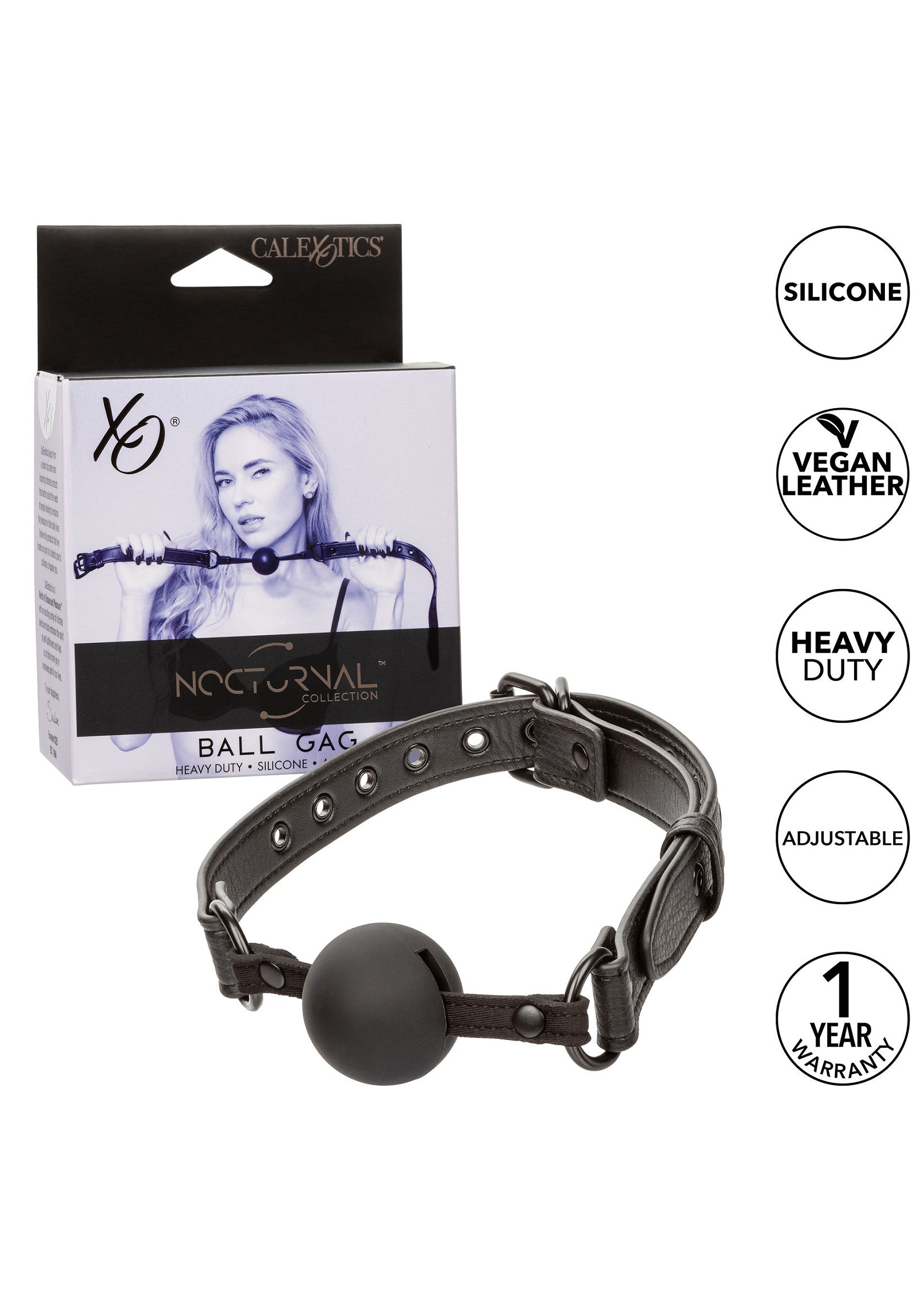Bâillon boule Calexotics Nocturnal Collection en silicone et cuir vegan. Ajustable, robuste et garantie 1 an. ; Calexotics Nocturnal Collection balgag van siliconen en veganistisch leer. Verstelbaar, robuust en 1 jaar garantie.; Calexotics Nocturnal Collection ball gag made of silicone and vegan leather. Adjustable, heavy-duty and 1 year warranty.