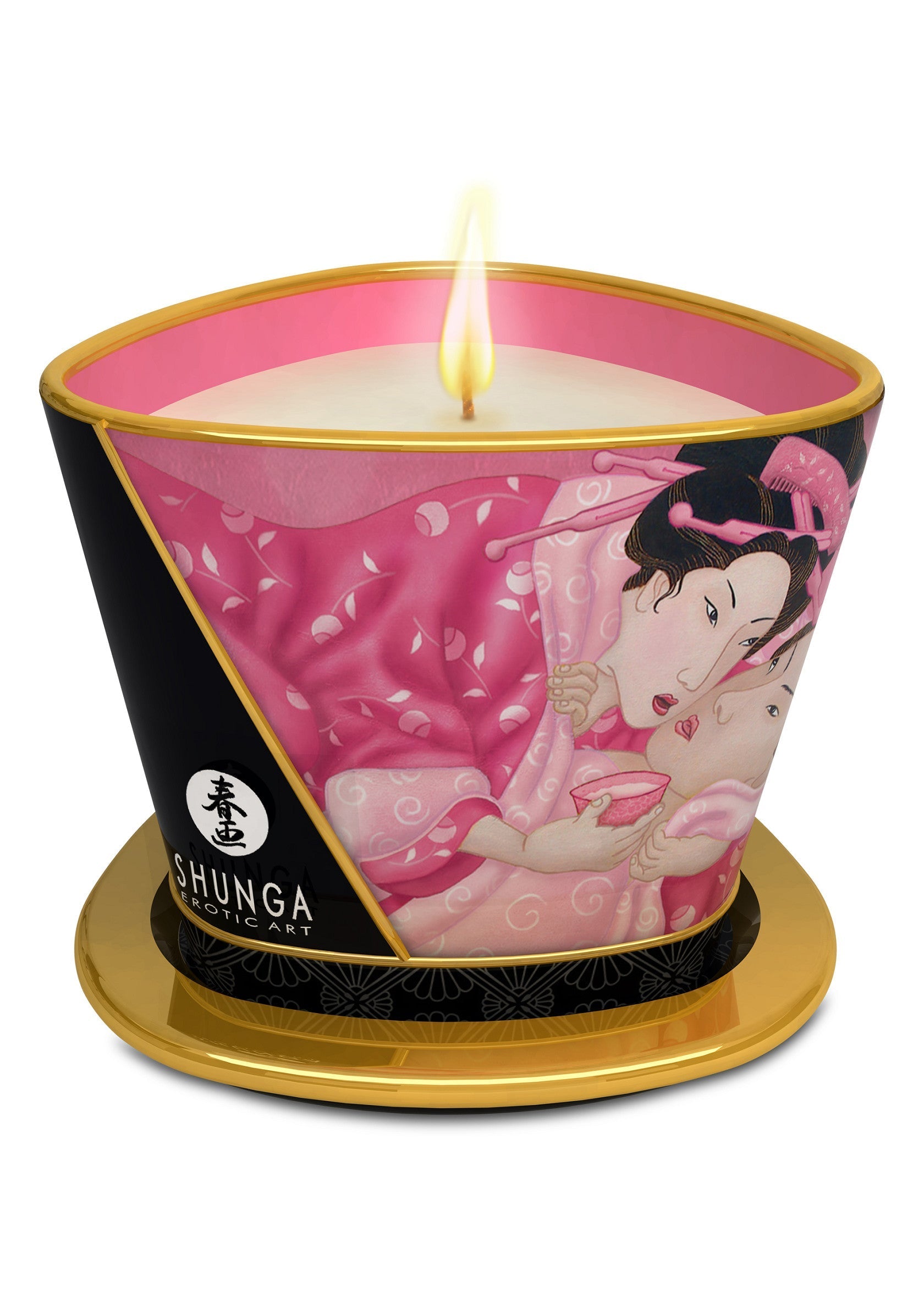 Bougie parfumée Shunga avec illustration érotique de geisha, pour une ambiance sensuelle et parfumée.; Shunga geurkaars met erotische geisha-illustratie, voor een sensuele en geurige sfeer.; Shunga scented candle with erotic geisha illustration, for a sensual and fragrant atmosphere.