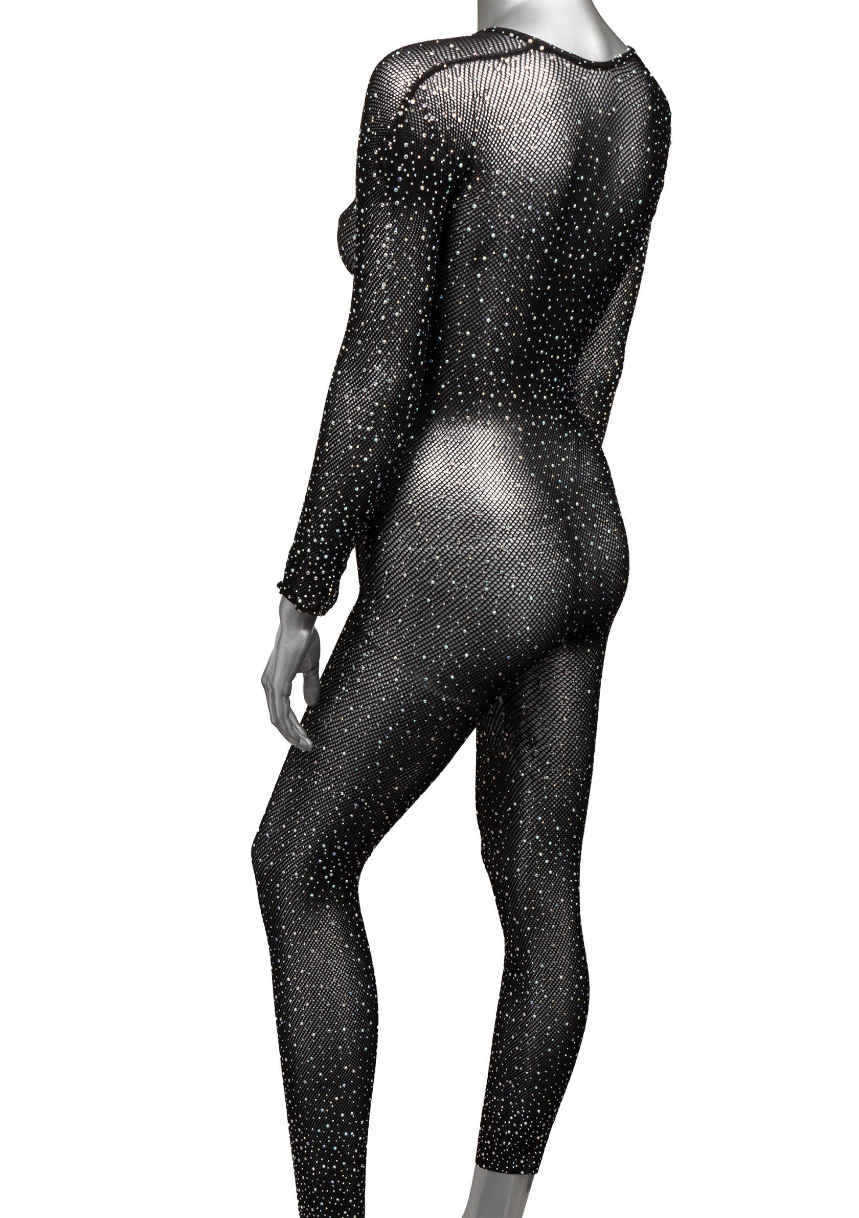 Combinaison noire à mailles scintillantes pour une allure audacieuse et élégante.; Zwarte mesh jumpsuit met glitters voor een gedurfde en elegante uitstraling.; Black mesh jumpsuit with glitter for a bold and elegant look.