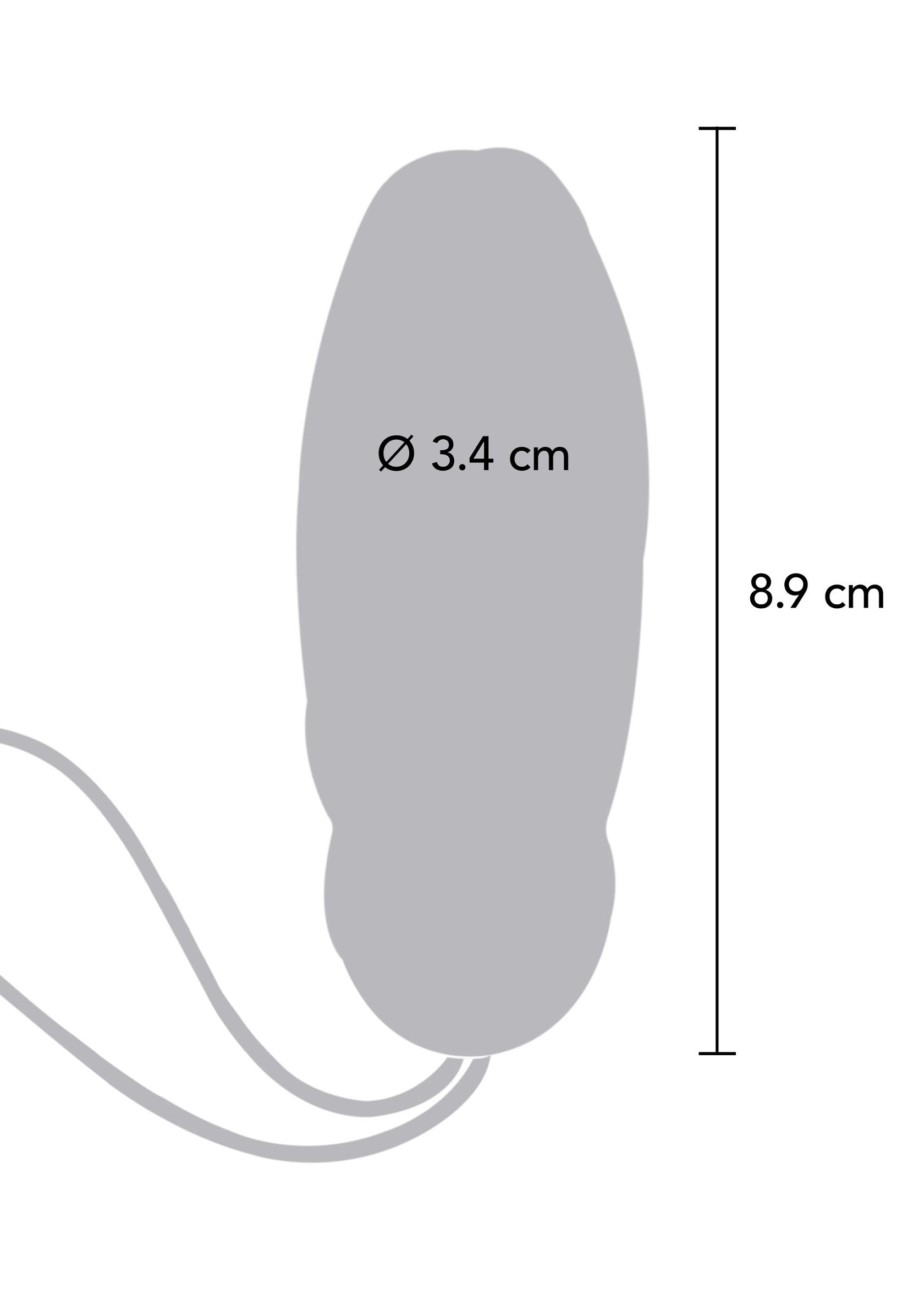 Diagramme des dimensions d'un jouet sexuel. Diamètre 3,4 cm, longueur 8,9 cm.; Afmetingen van een seksspeeltje. Diameter 3,4 cm, lengte 8,9 cm.; Dimensions diagram of a sex toy. Diameter 3.4 cm, length 8.9 cm.